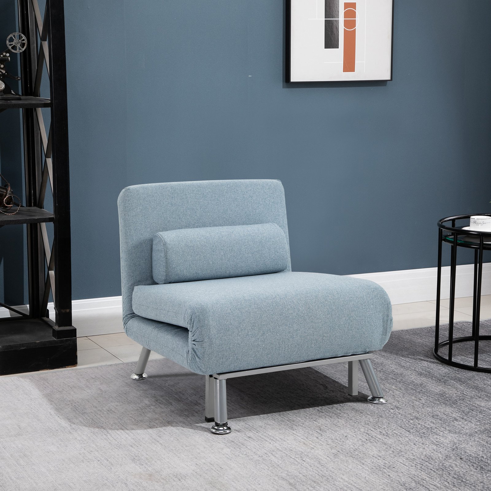 HOMCOM Single Sofa Chair Bed, Linen Fabric 3-in-1 Convertible Sleeper Chair with 5-Position Adjustable Backrest, 75cm Wide Seat, Pillow for Living Room, Bedroom, Sky Blue - Image 2