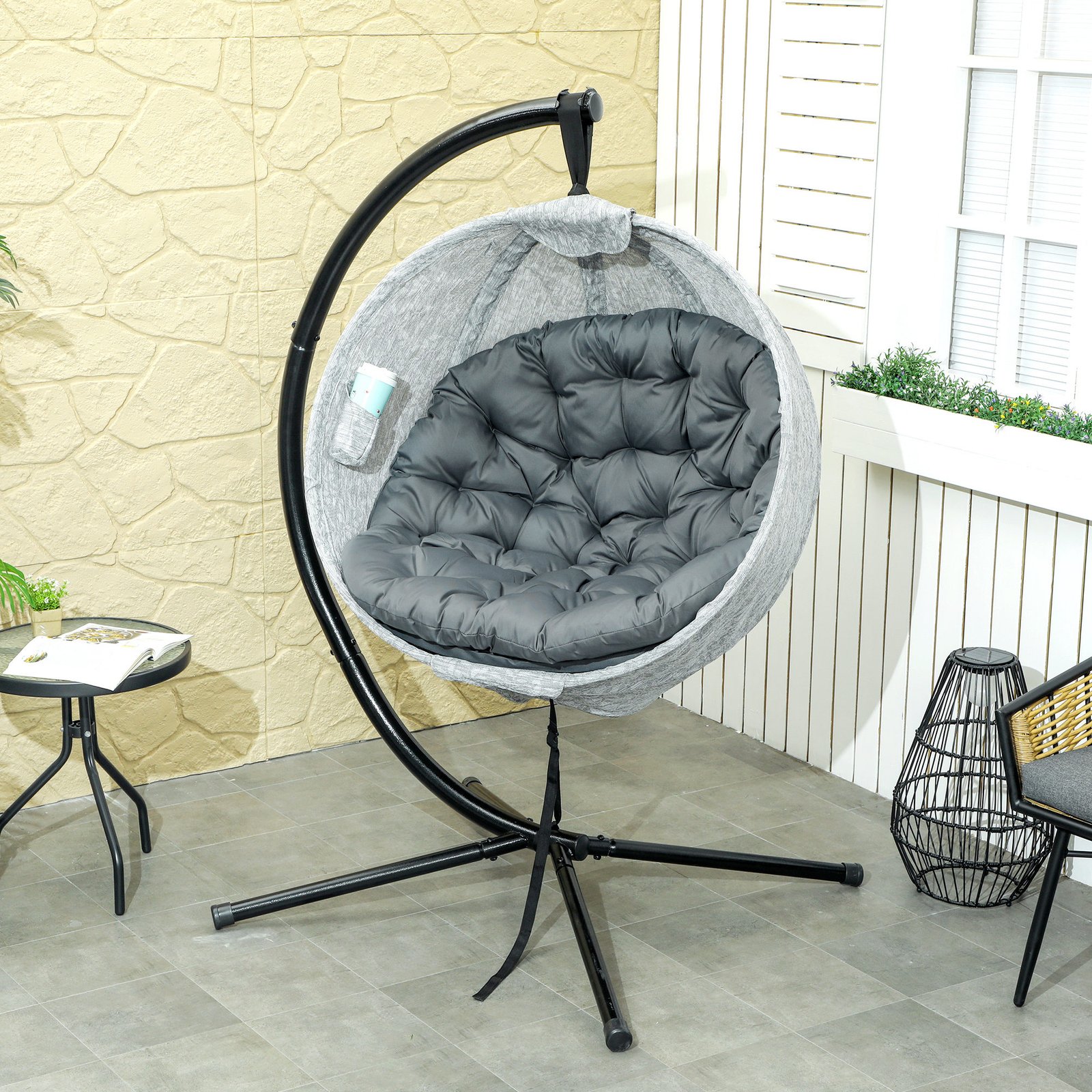 Outsunny Hanging Egg Chair Outdoor Indoor Garden Swing Chair with Folding Basket, Thickened Cushion, Cup Holder for Patio, Balcony, Grey - Image 2