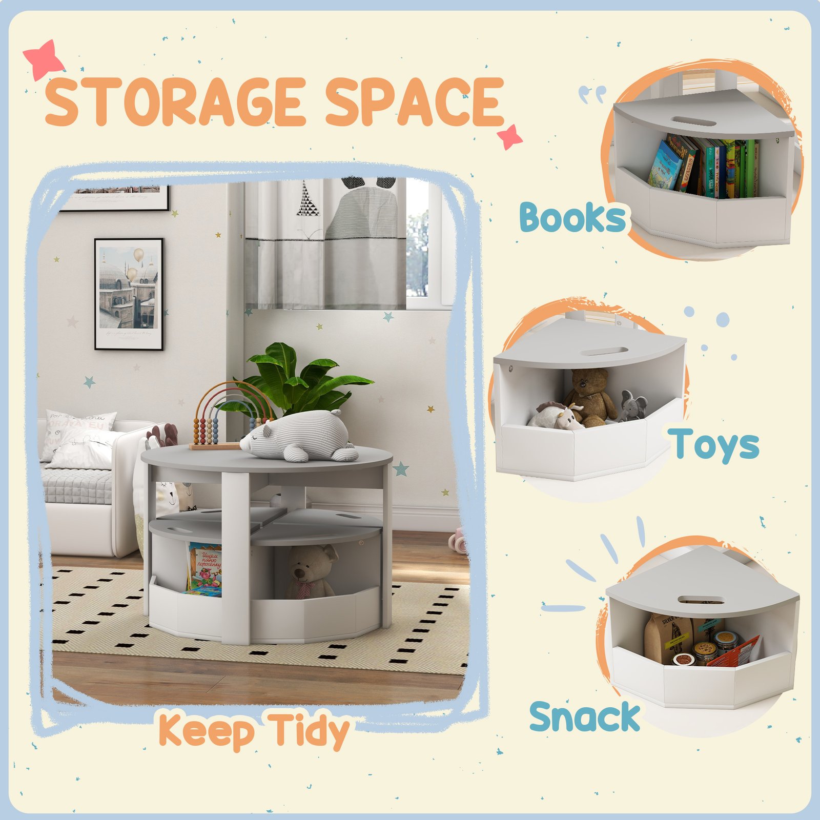 AIYAPLAY Five-Piece Kids Table and Chairs Set with Storage, for Ages 3-8 Years, Grey - Image 6
