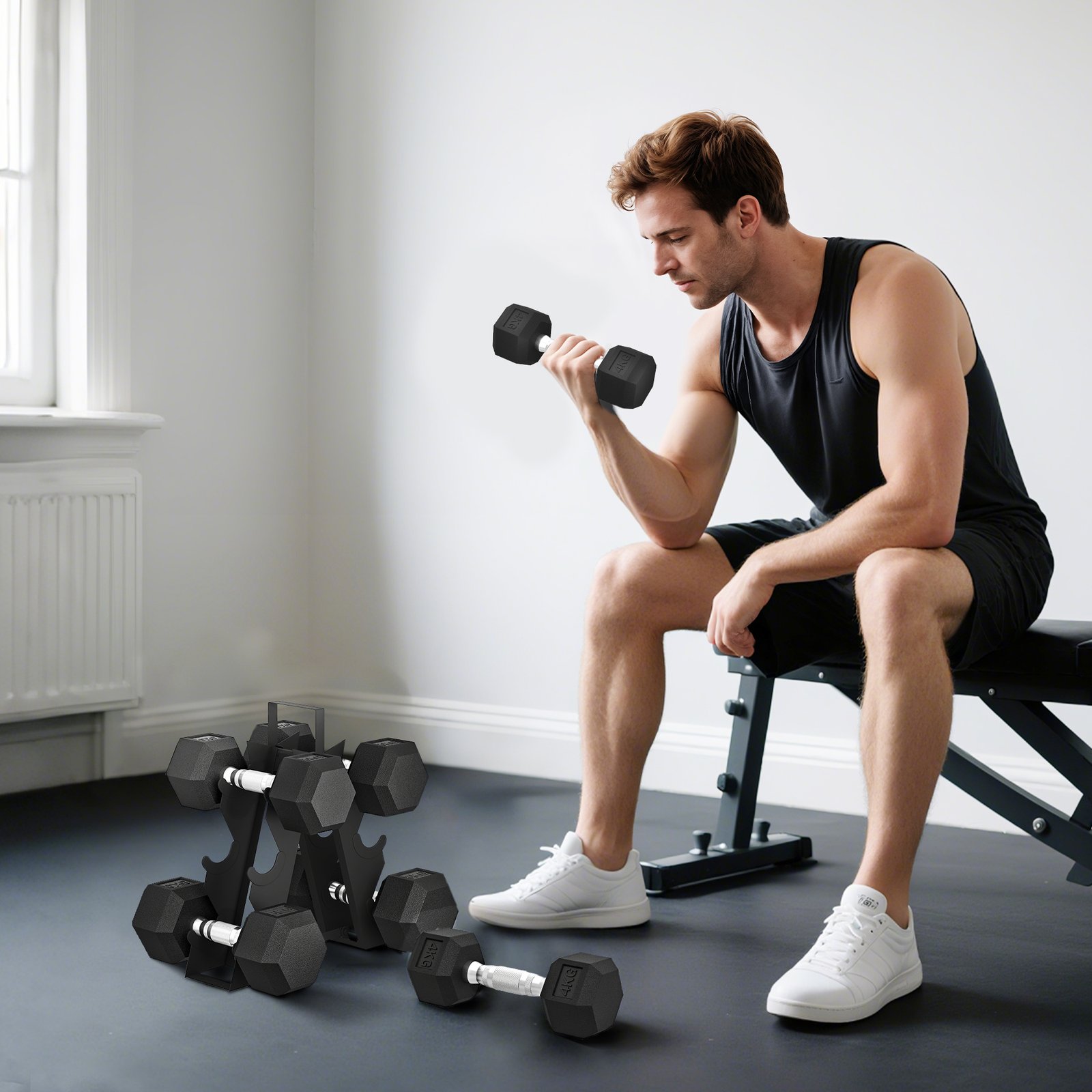 SPORTNOW Hex Dumbbell Set with Weights Storage Rack, Rubber Coated Dumbbells, Non-Slip Chrome Handles, Space-Saving for Home Gym Weight Lifting Strength Training, 2 x 4kg, 2 x 6kg, 2 x 8kg - Image 2