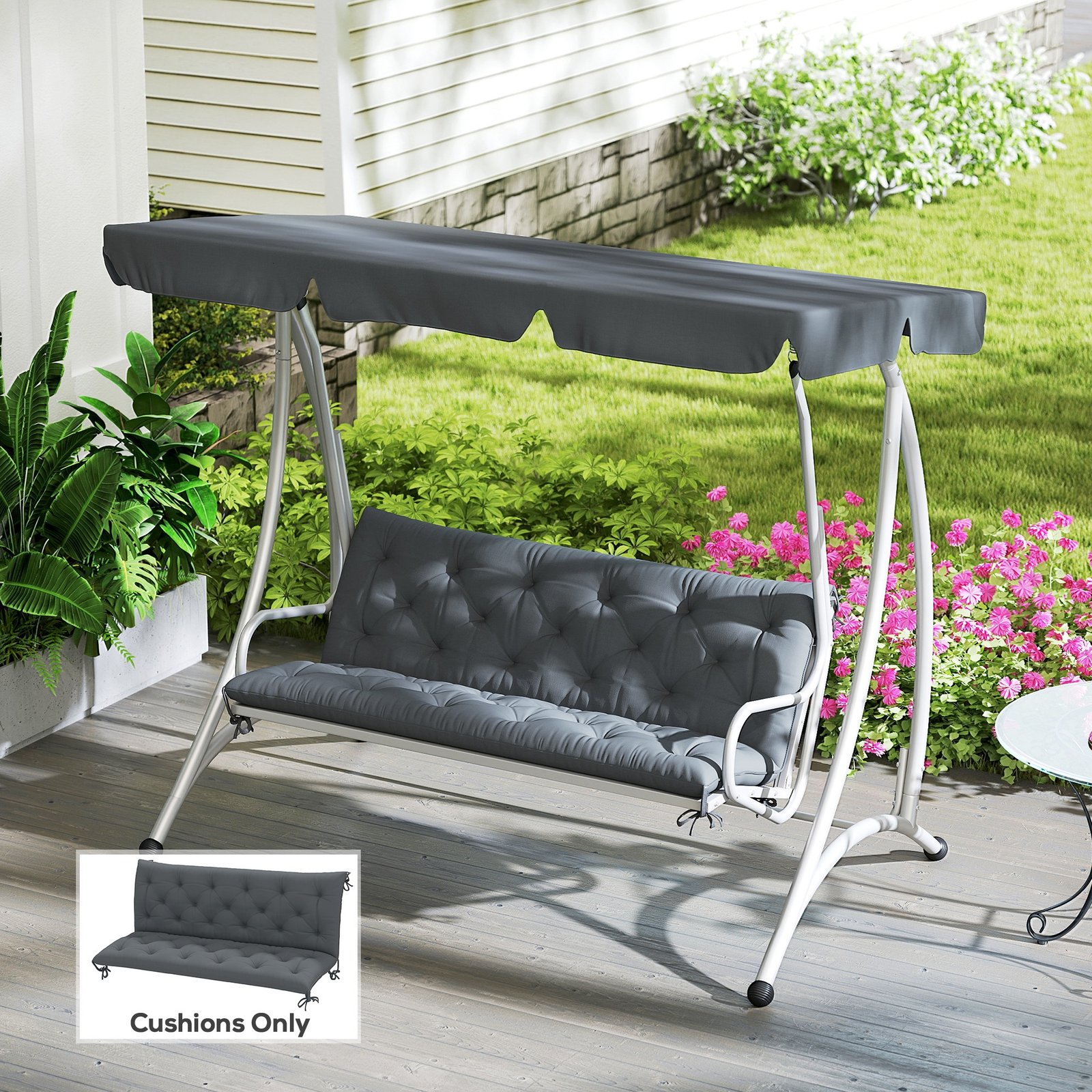 Outsunny 3 Seater Bench Cushion, Garden Chair Cushion with Back and Ties for Indoor and Outdoor Use, 98 x 150 cm, Dark Grey - Image 2