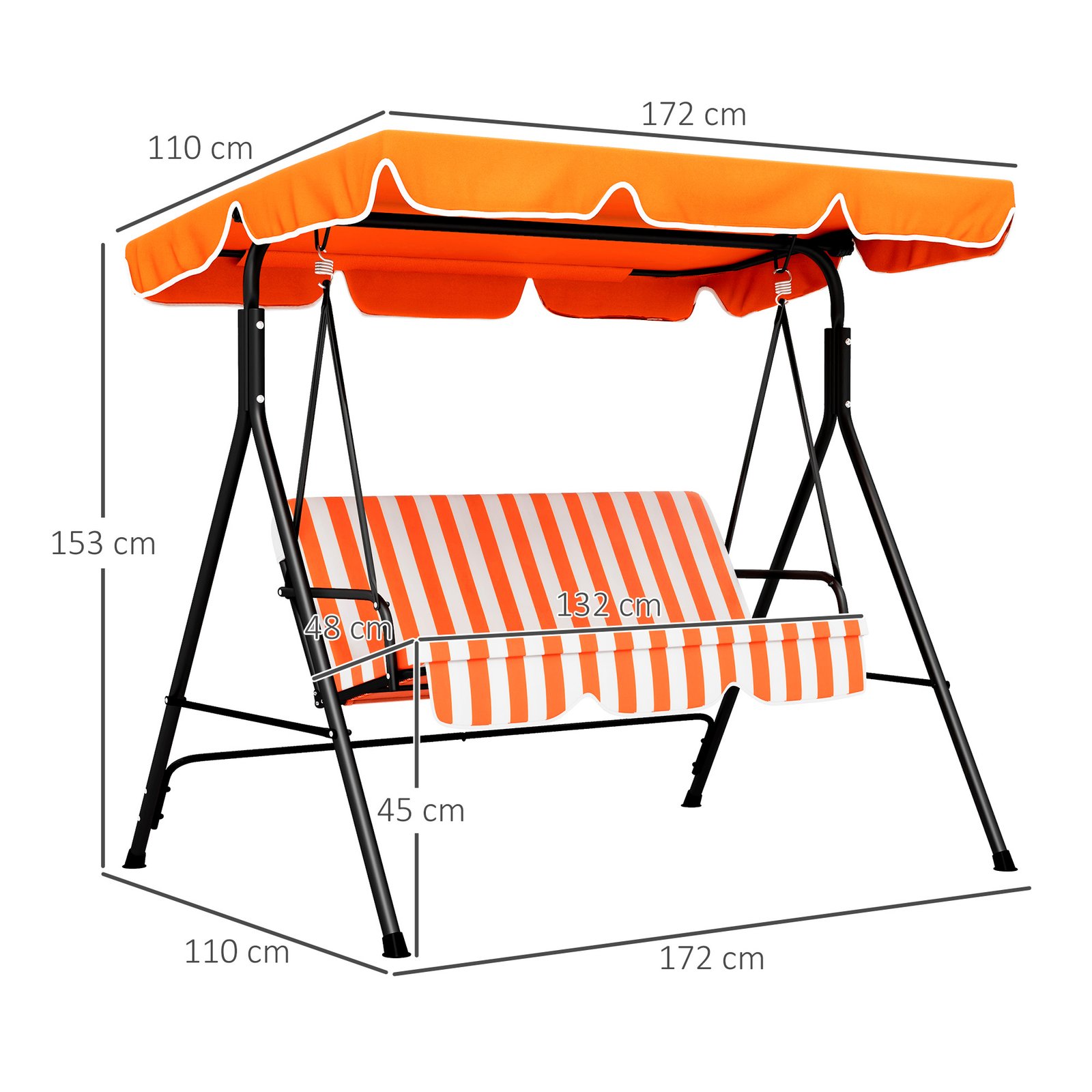 Outsunny 3 Seater Garden Swing Chair, Outdoor Swing Chair with Adjustable Canopy, Mental Frame & Cushions, Orange - Image 3