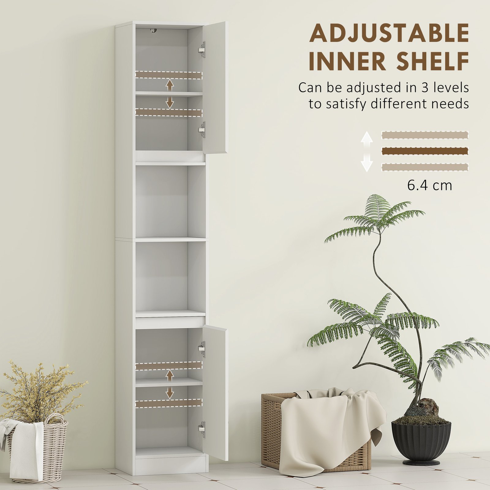 HOMCOM Narrow Bathroom Cabinet, Slim Bathroom Storage Unit with Open Compartment, Freestanding Storage Cupboard with Adjustable Shelves for Small Spaces, 30 x 24 x 170 cm, White - Image 6