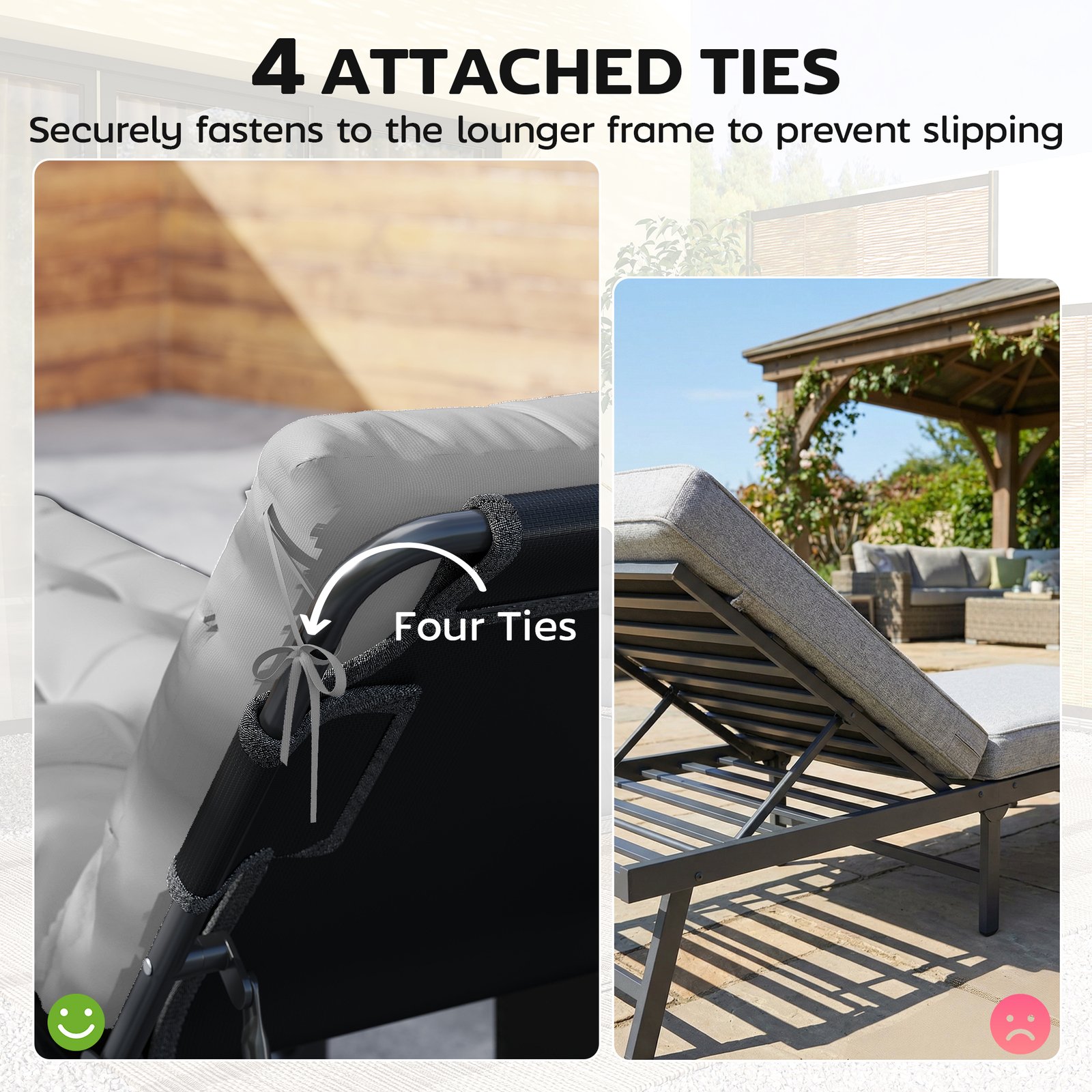 Outsunny Sun Lounger Cushions Only, Garden Lounge Chair Cushions Set of 2, Sunbed Replacement Pads with 4 Ties, Light Grey - Image 6
