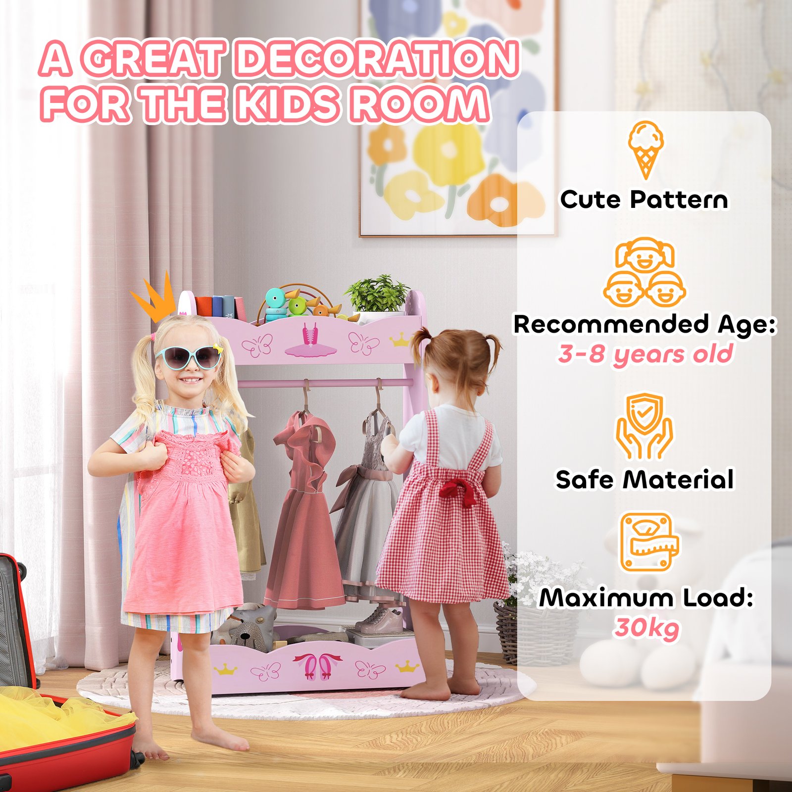 AIYAPLAY Kids Clothes Rail, Kids Dressing Mirror with 360° Rotating, 2 Piece Kids Furniture Set with Storage Shelves, Pink - Image 5