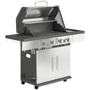 Outsunny 4+1 Burner Gas BBQ Grill, Portable Gas Barbecue Grill with Side Burner, Warming Rack, Side Shelf, Storage Cabinet