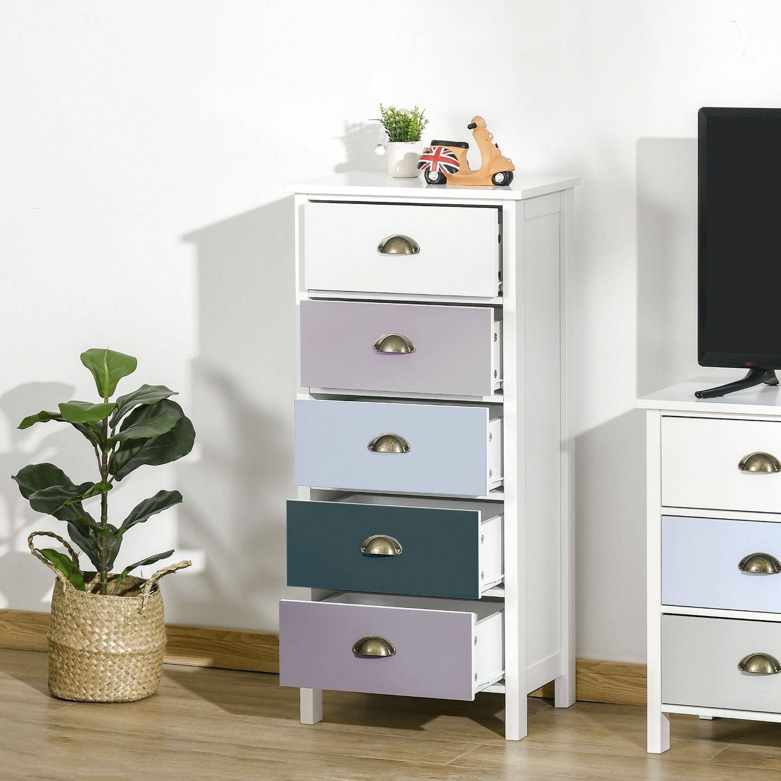 HOMCOM Slim Storage Cabinet Organiser, Chest of Drawers, 5-Drawer Dresser with Metal Handle for Living Room, Bedroom, Blue - Image 2