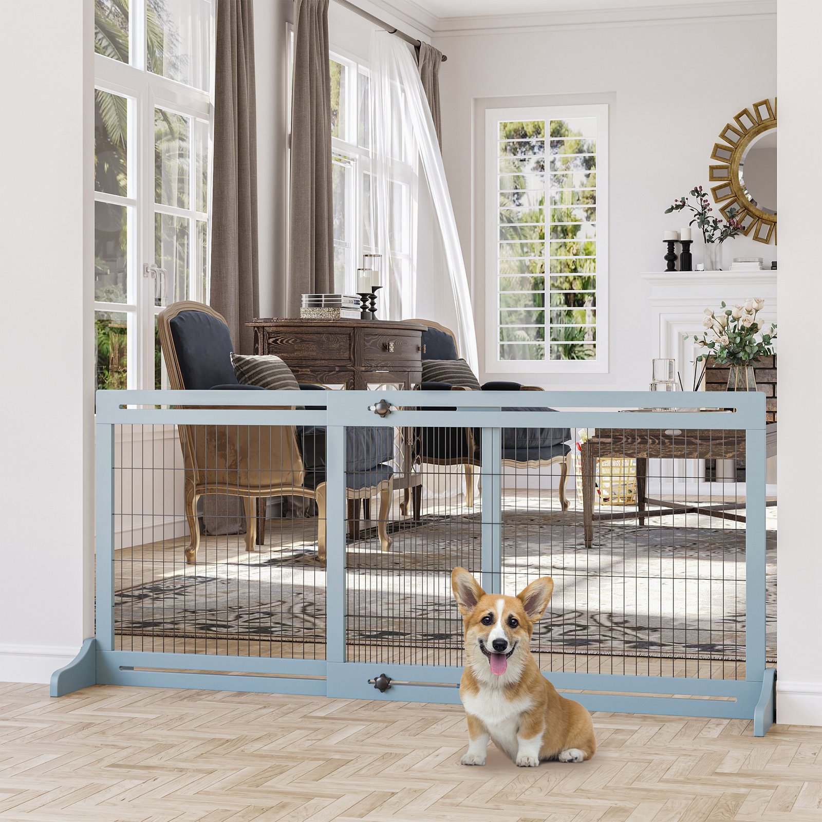 PawHut Freestanding Dog Gate, Foldable Pet Fence, Indoor Wood Barrier, Stair Gate with Support Feet, for Doorway, Hallway, Small and Medium Dogs, 69H x 104-180 cm, Blue-grey - Image 2