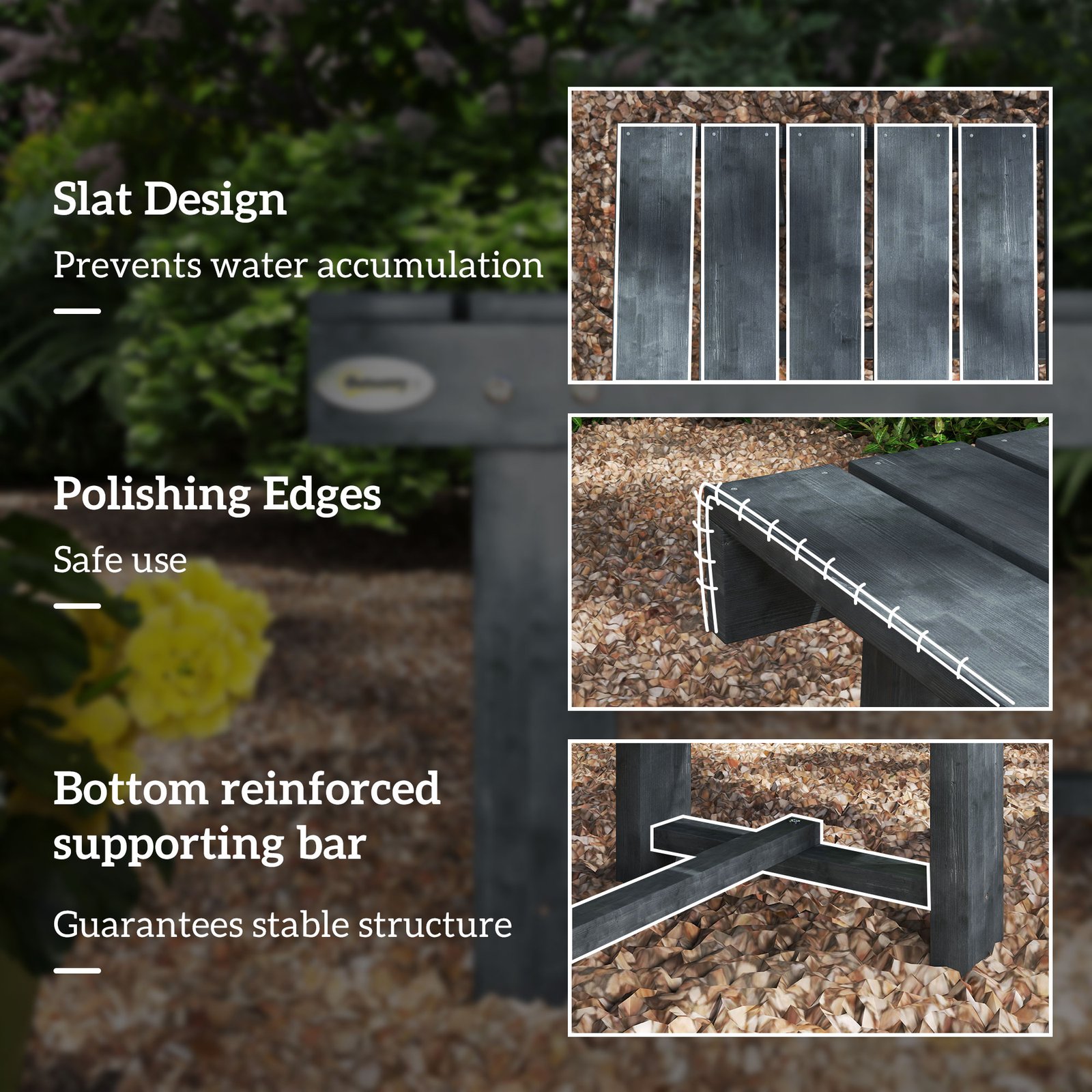 Outsunny 2-Seater Garden Wooden Bench, Grey - Image 6