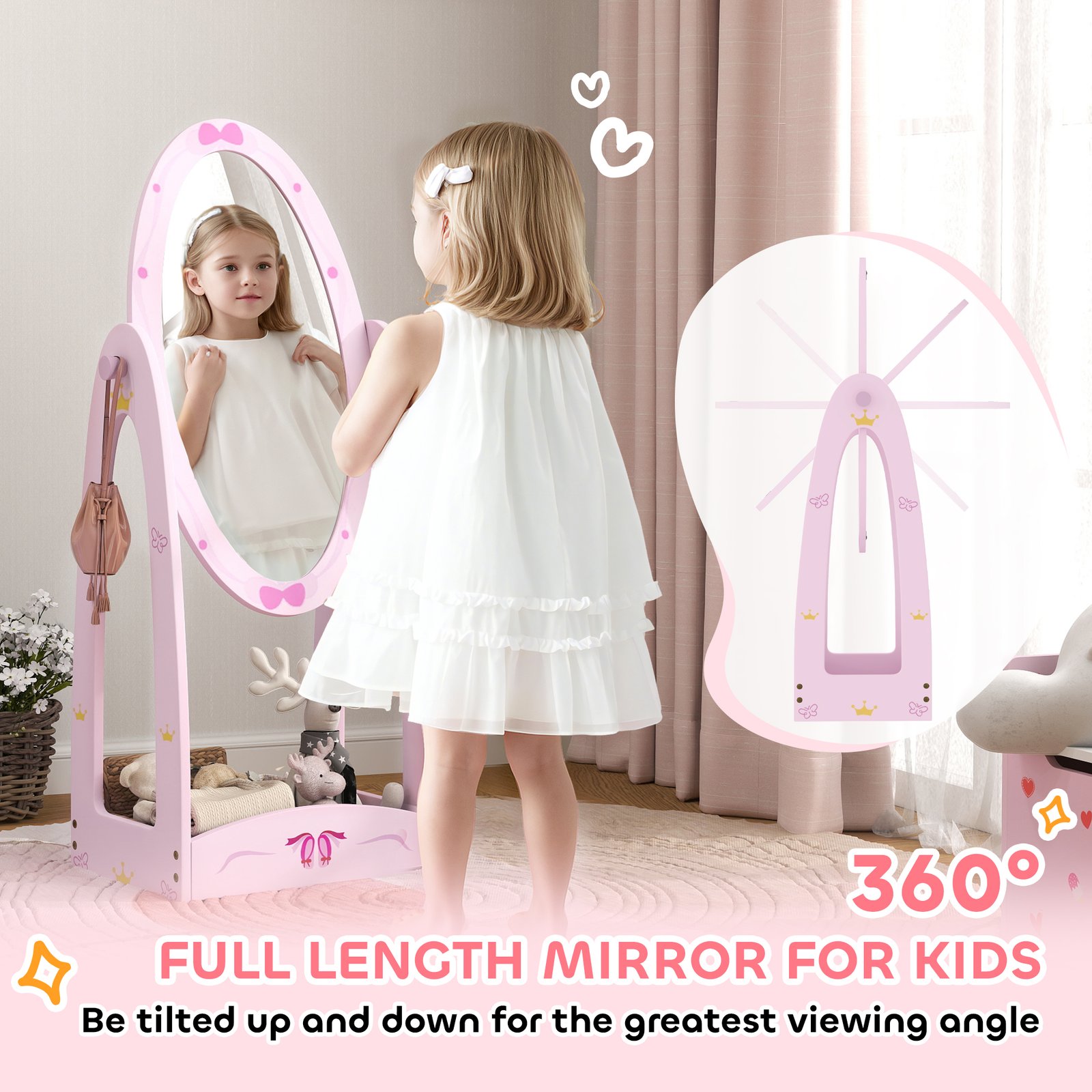 AIYAPLAY Kids Bed with Safety Rails, Kids Clothes Rail, Kids Full Length Mirror, 3 Piece Kids Furniture Set for Bedroom, Pink - Image 7