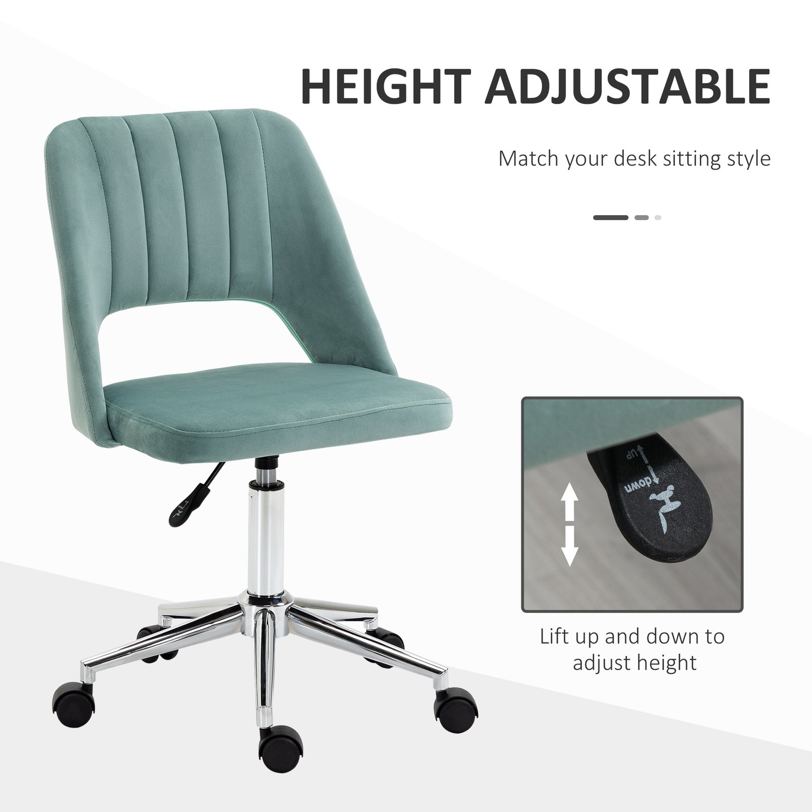 Vinsetto Mid Back Office Chair Velvet Fabric Swivel Scallop Shape Computer Desk Chair for Home Study Bedroom Green - Image 4