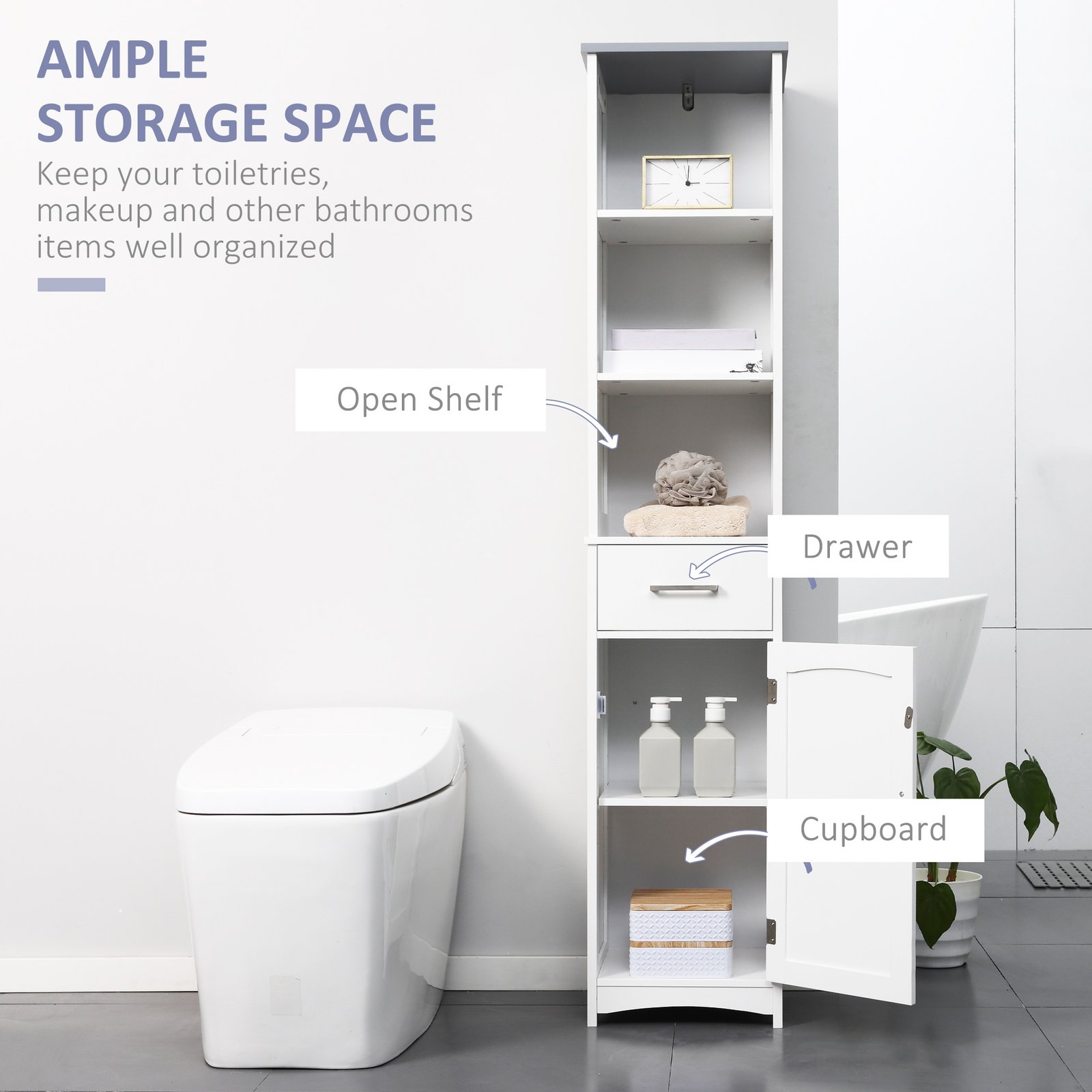 kleankin Tall Bathroom Storage Cabinet with 3 Tier Shelf, Cupboard, Drawer, Door, Freestanding Linen Tower, Slim Side Organizer, White - Image 4