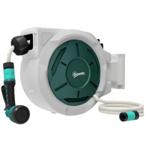 Outsunny Retractable Hose Reel Wall Mounted, 30+2m Garden Hose Pipe Reel with Lock, Auto Rewind, 7 in 1 Spray Nozzle, Includes Wall Fixings, 180° Swivel, Outdoor Watering, 59 x 23 x 42 cm, Grey