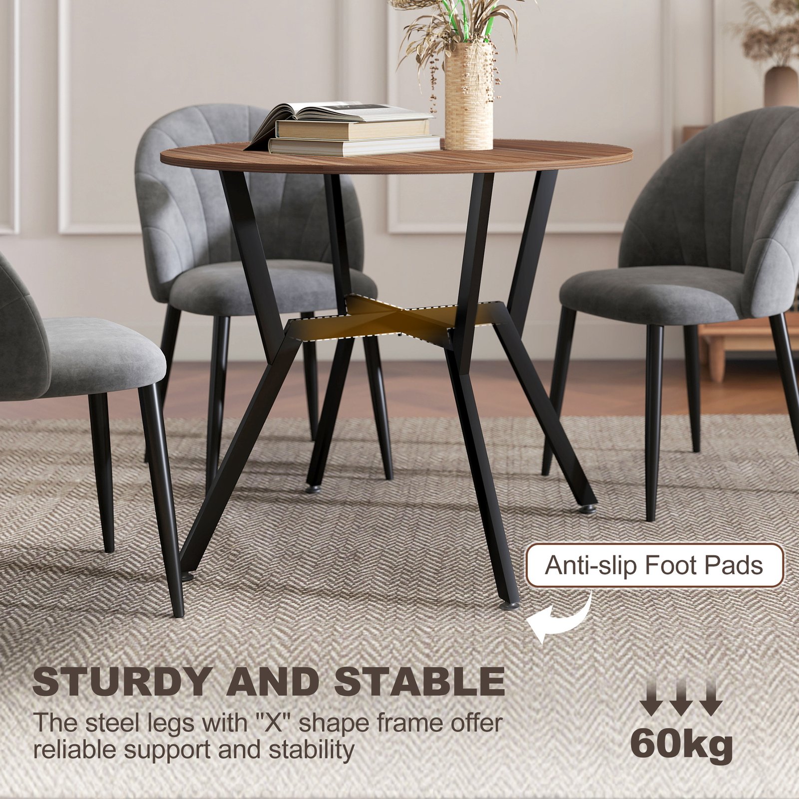 HOMCOM Dining Table, Round Kitchen Table with Black Legs, Anti-slip Foot Pads for Living Room, Dining Room 90 x 76 cm, Brown - Image 6