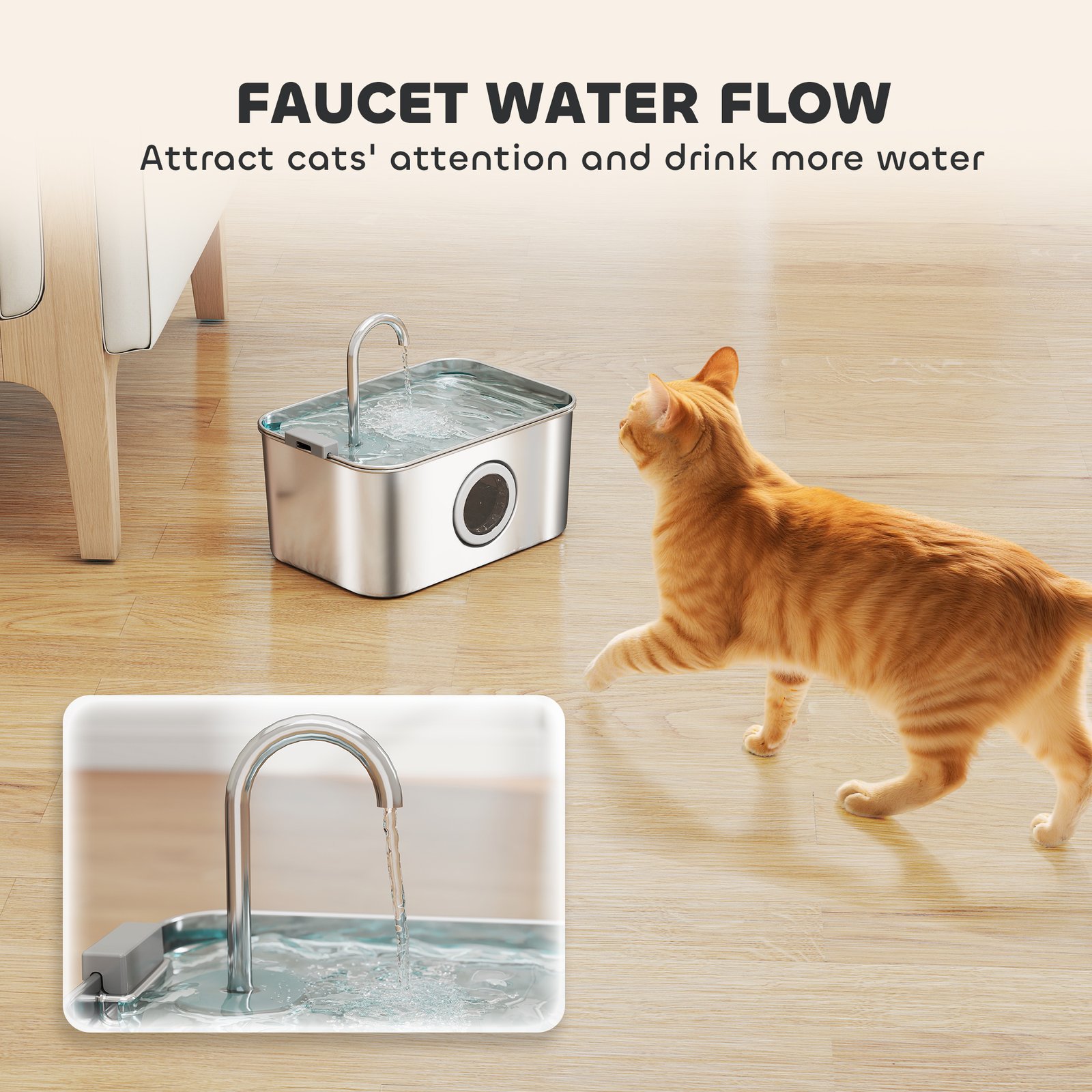 PawHut 3.2L Cat Water Fountain for Drinking, Cat Fountain Stainless Steel with Visible Water-Level Window, Ultra-Silent Pump - Image 5