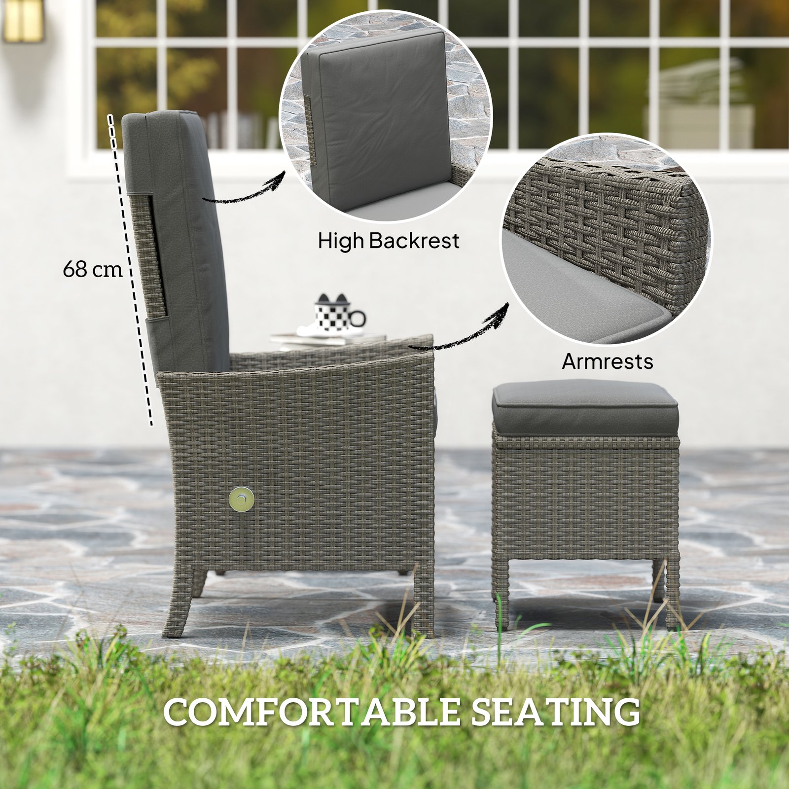 Outsunny 5 Piece Rattan Garden Furniture Set, Wicker Patio Sofa Set with 2 Armchairs, 2 Footstools, Glass Top Coffee Table with Shelf, Outdoor Furniture with Adjustable Backrests, Cushions, Dark Grey - Image 5