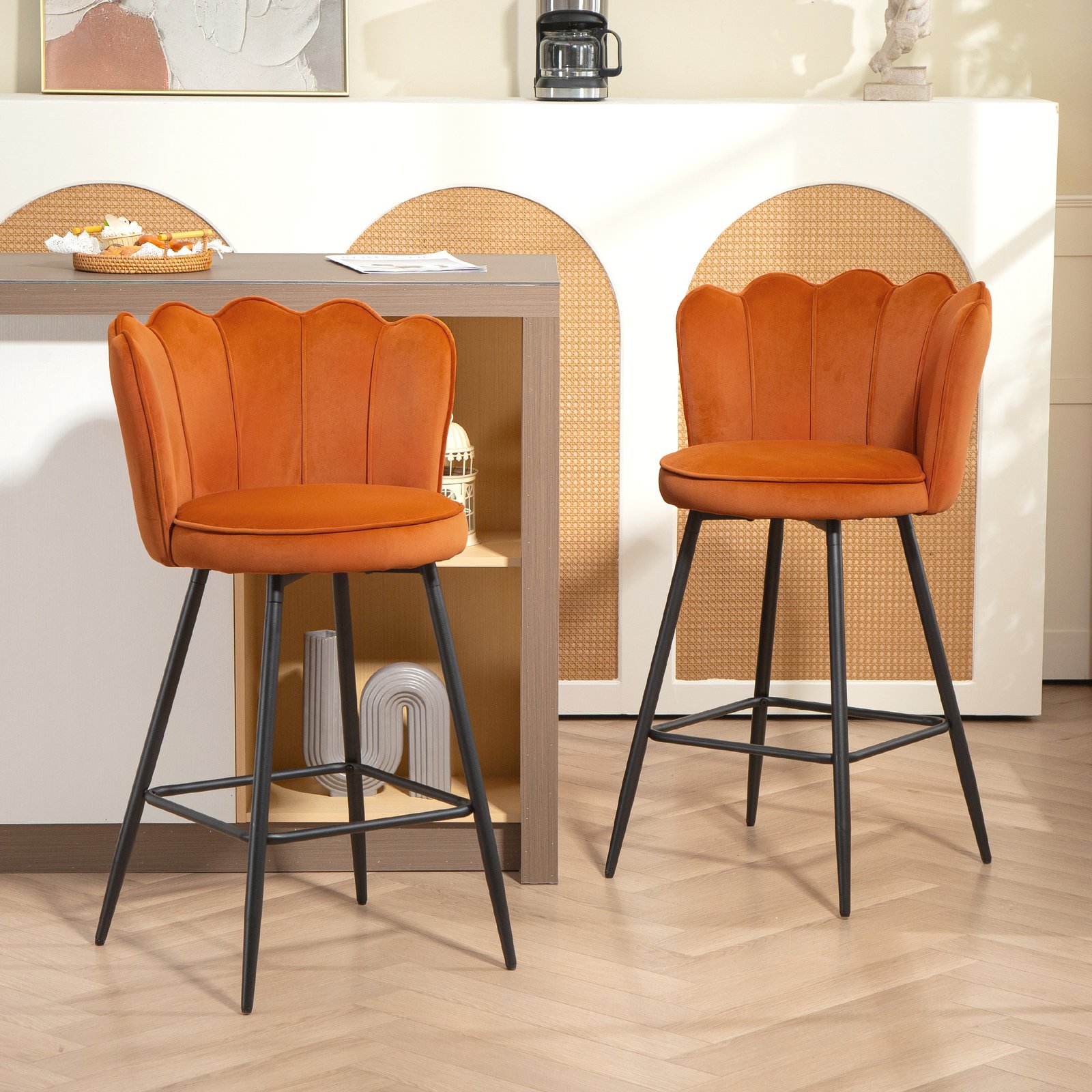 HOMCOM Set of Two Velvet-Feel Lotus Bar Stools - Orange - Image 2