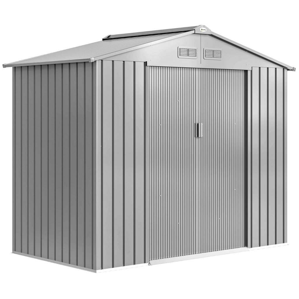 Outsunny 7 x 4ft Lockable Metal Garden Tool Storage Shed Storage – Light Grey Outsunny 7 x 4ft Lockable Metal Garden Tool Storage Shed Storage – Light Grey