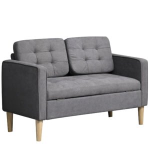 HOMCOM 2 Seater Storage Sofa, Fabric Couch with Hidden Under Seat Storage, Thick Cushions, Compact Space Saving Settee with Rubberwood Legs for Living Room, Apartment, Grey