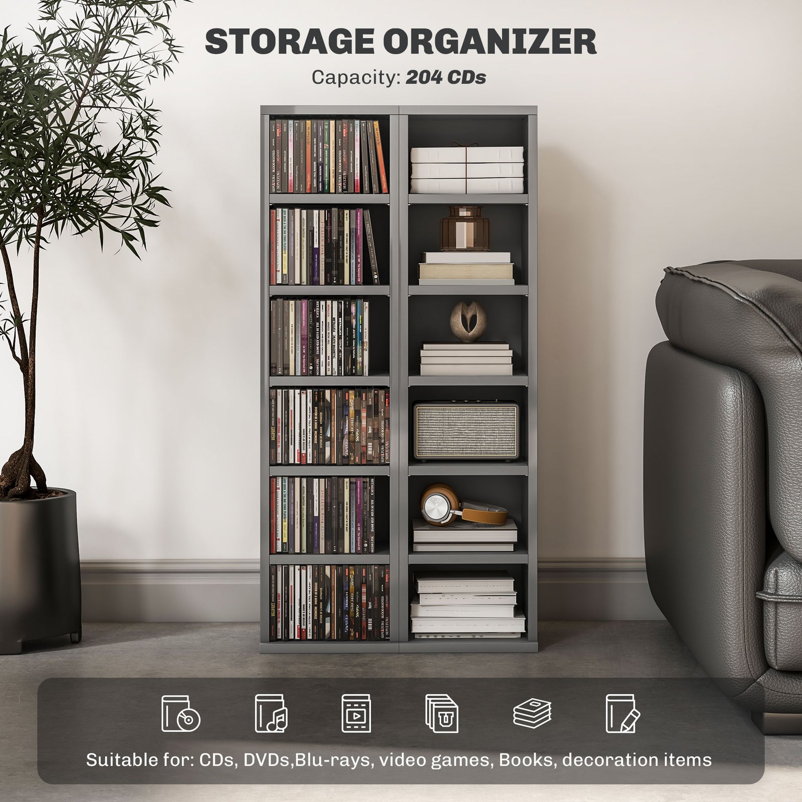 HOMCOM Set of 2 CD Media Display Shelf Unit Tower Rack with Adjustable Shelves, High Gloss Grey - Image 4