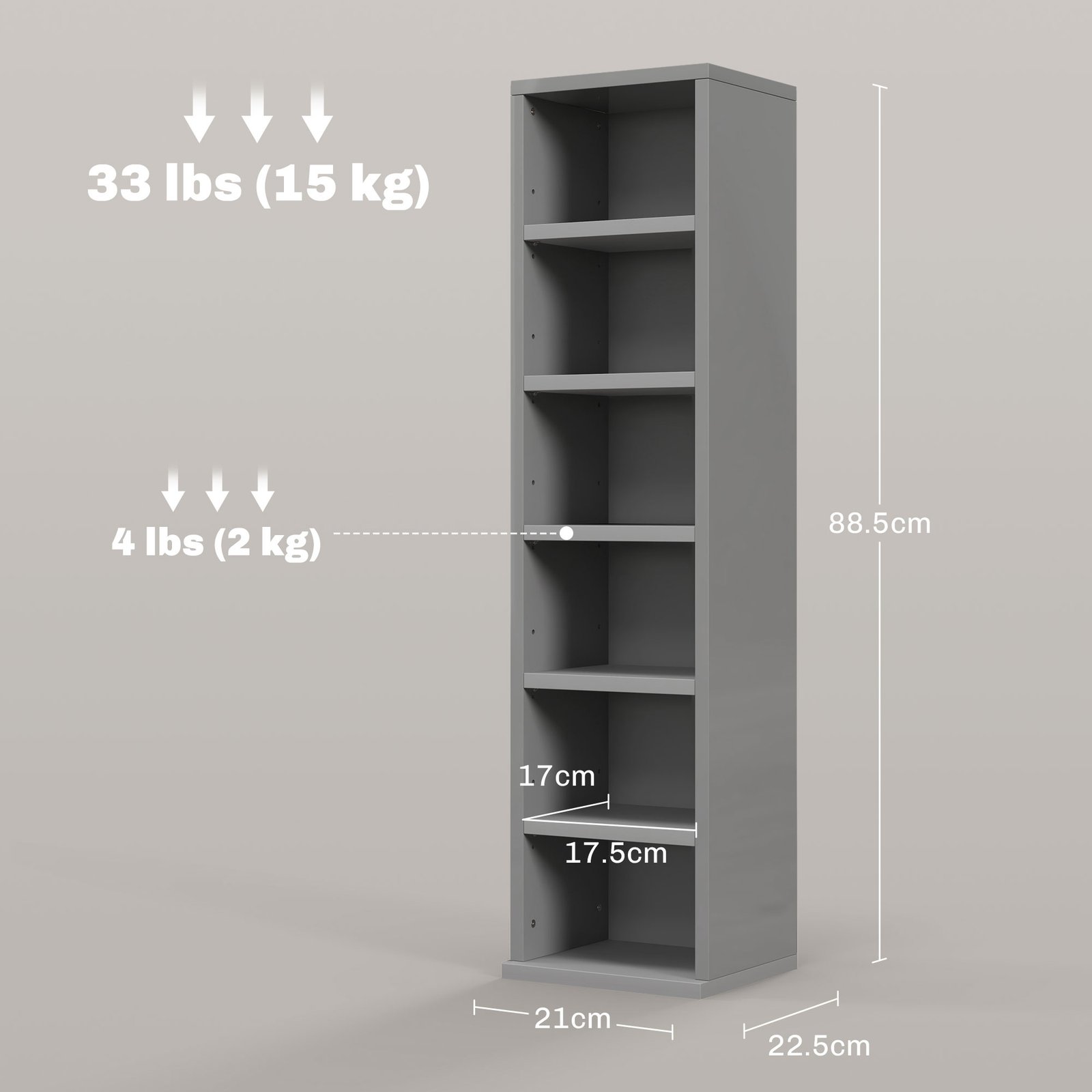 HOMCOM Set of 2 CD Media Display Shelf Unit Tower Rack with Adjustable Shelves, High Gloss Grey - Image 3