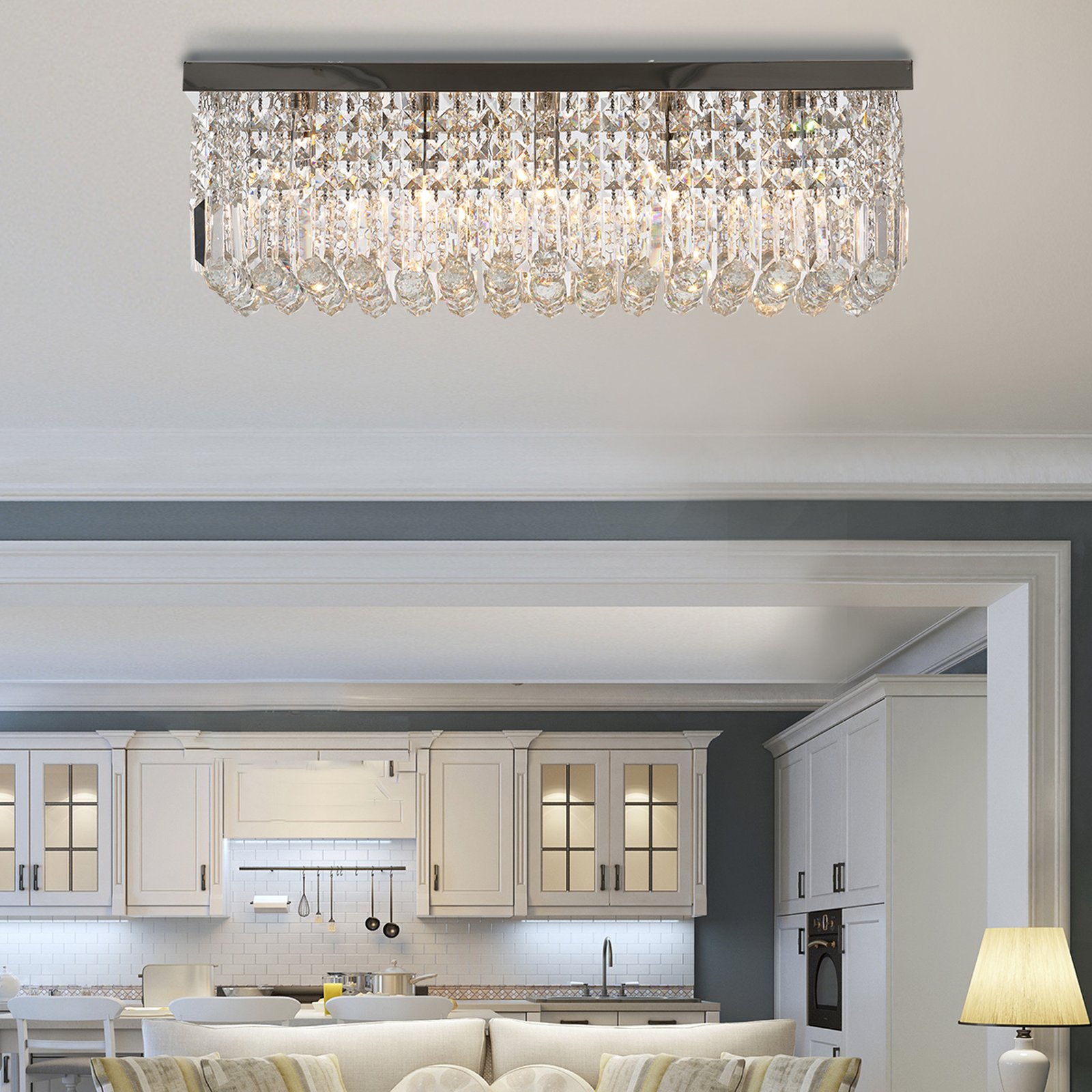 HOMCOM Modern Crystal Ceiling Light Square Crystal Chandelier for Living Room, Dining Room, Hall, 5 x E14 Lamp Holders, Silver, 80 x 25 x 23cm - Image 2
