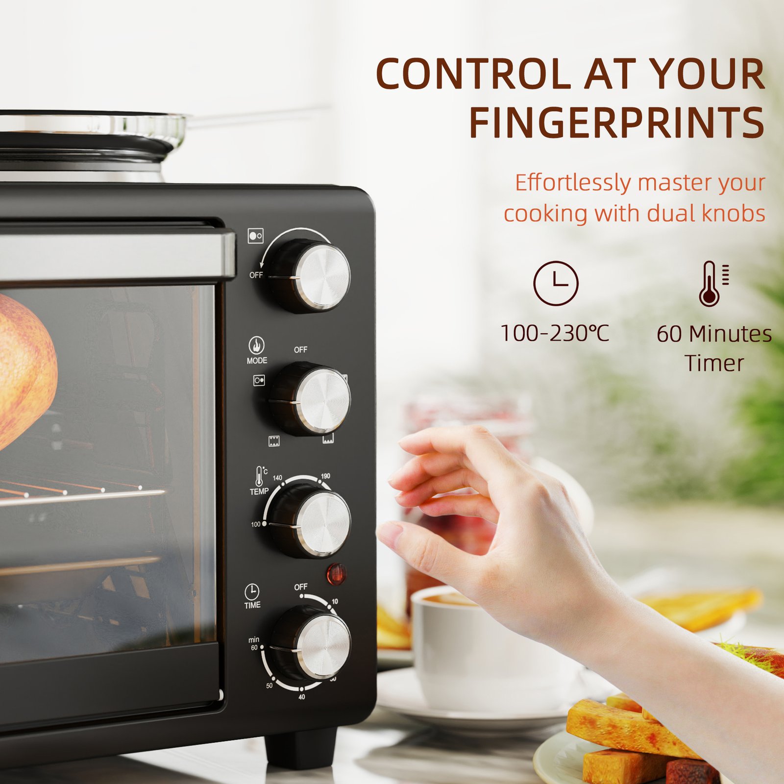HOMCOM 28L Mini Oven with 2 Hot Plates, Countertop Toaster Oven, Grill, Roast, Bake, Boil, with Timer, Adjustable Temperature, Electric Oven with Baking Tray, Grill Rack, Crumb Tray, 2600W, Black - Image 6
