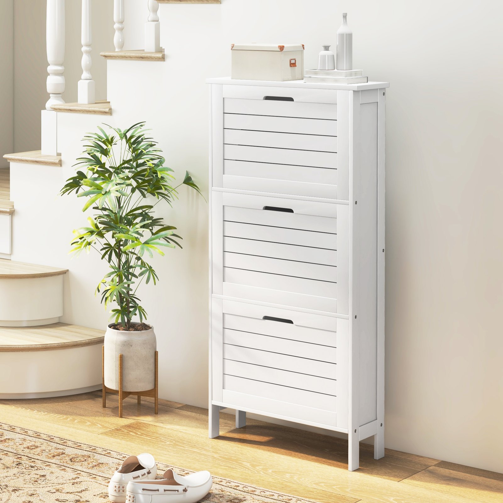 HOMCOM Narrow Shoe Cabinet with 3 Flip Drawers - White - Image 2