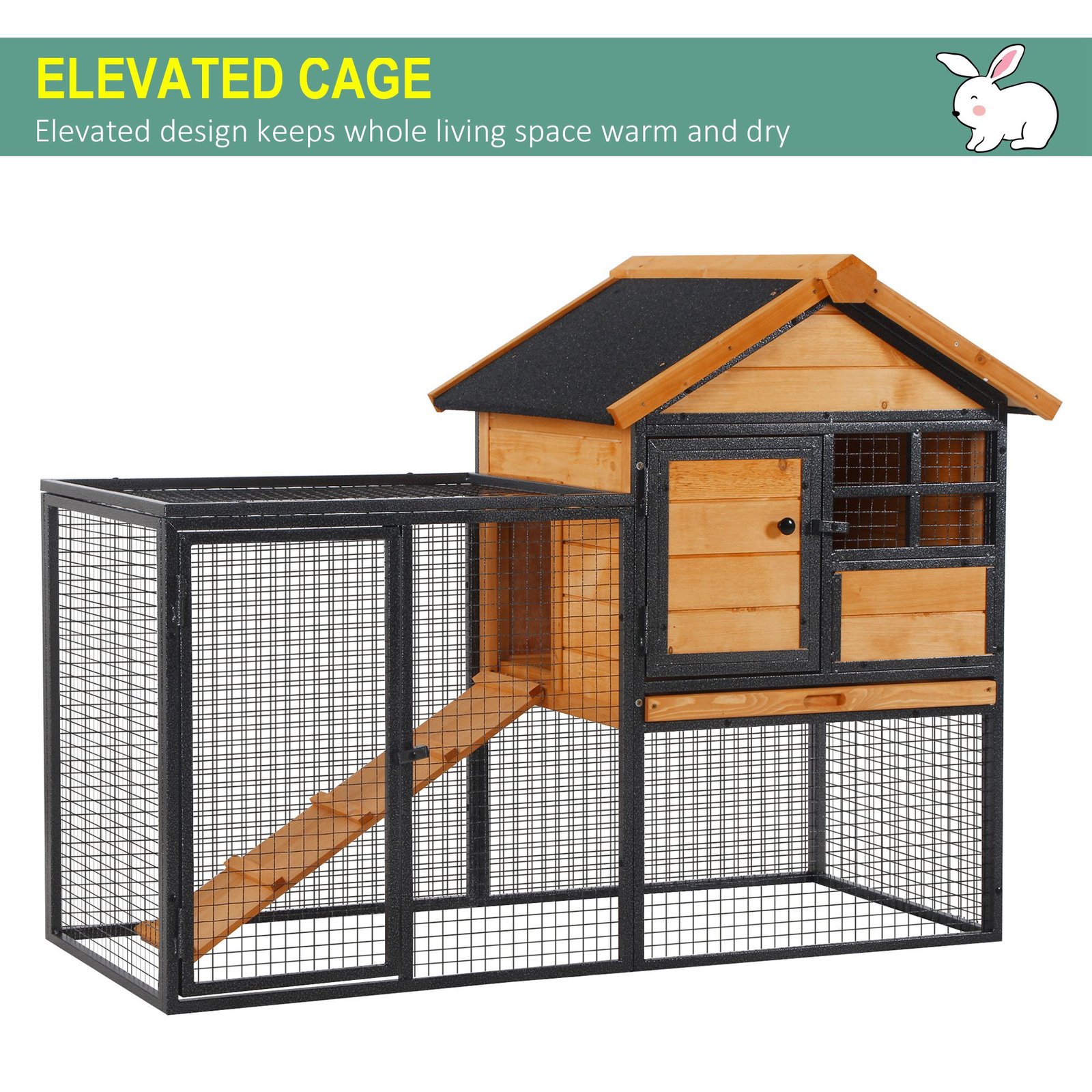 PawHut Wood-metal Guinea Pigs Hutches Elevated Pet Bunny House Rabbit Cage with Slide-Out Tray Outdoor - Image 9
