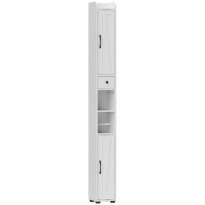 HOMCOM Tall Bathroom Cabinet, Farmhouse Slim Bathroom Storage Cabinet with Barn Doors, Toilet Paper Roll Holder, Drawer and Adjustable Shelves, Narrow Bathroom Storage Unit, 20 x 20 x 185cm, White