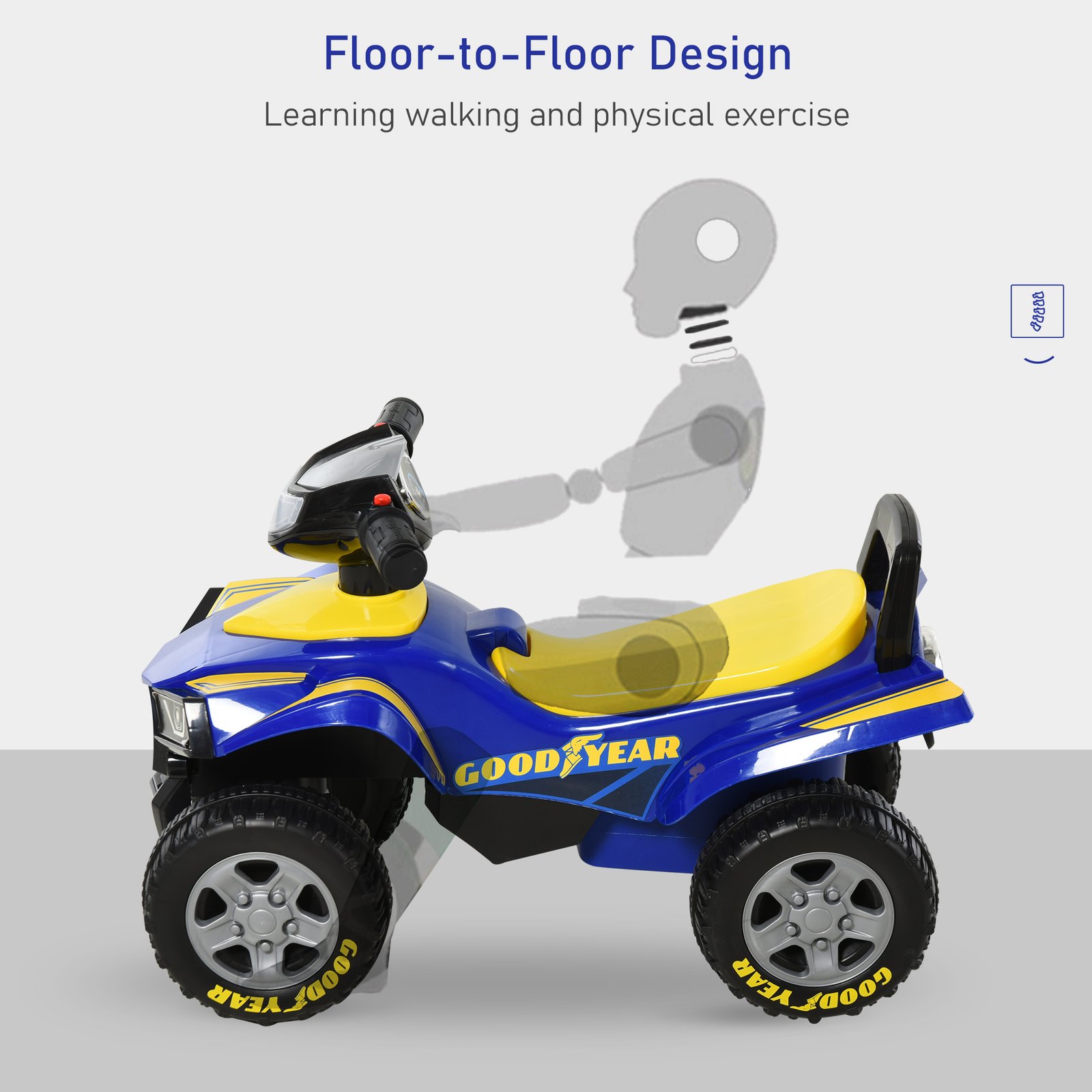 HOMCOM Baby Quad Bike Kids Ride On Car Goodyear Licensed Walker Foot To Floor Slider NO POWER w/ Lights Horn Storage Blue for 18-36 Months - Image 6