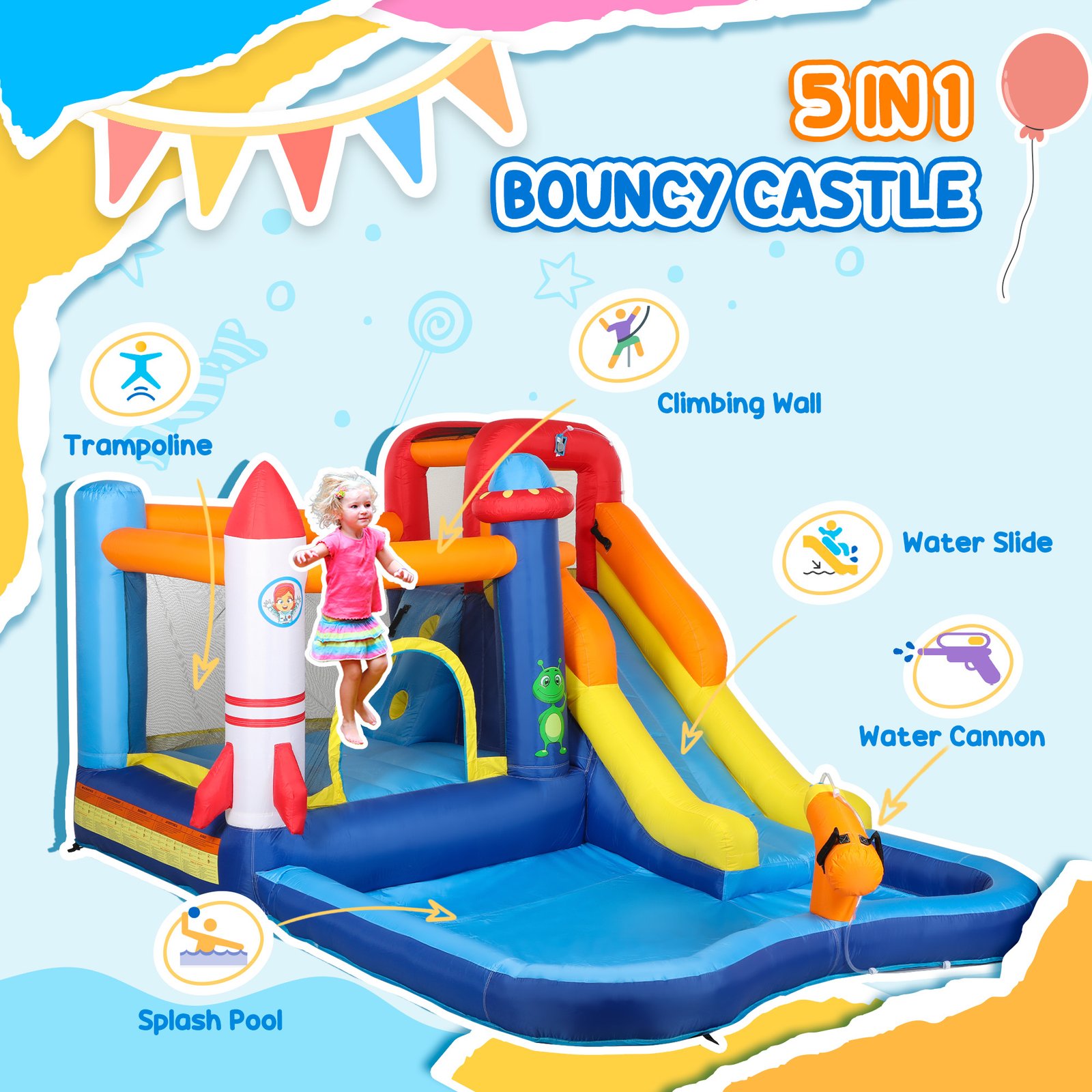 AIYAPLAY 5 in 1 Bouncy Castle for Children with 550W Blower, Water Slide, Splash Pool, Jumping Area, Climbing Wall, Cannon - Image 4