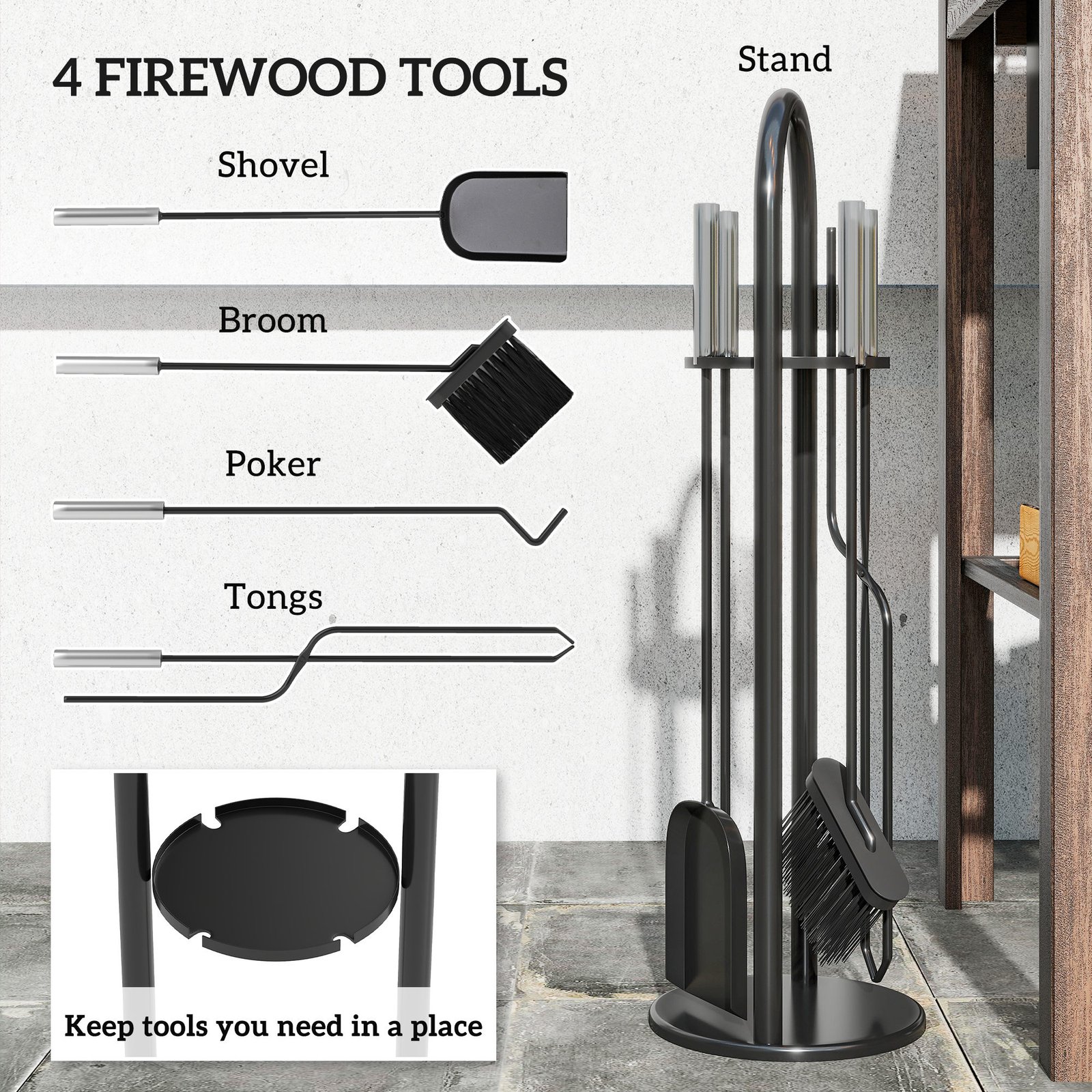 Outsunny 5 Pieces Fireplace Tools Set, Metal Fireplace Accessories Fireside Companion Set with Broom, Shovel, Poker and Bucket, Silver - Image 4