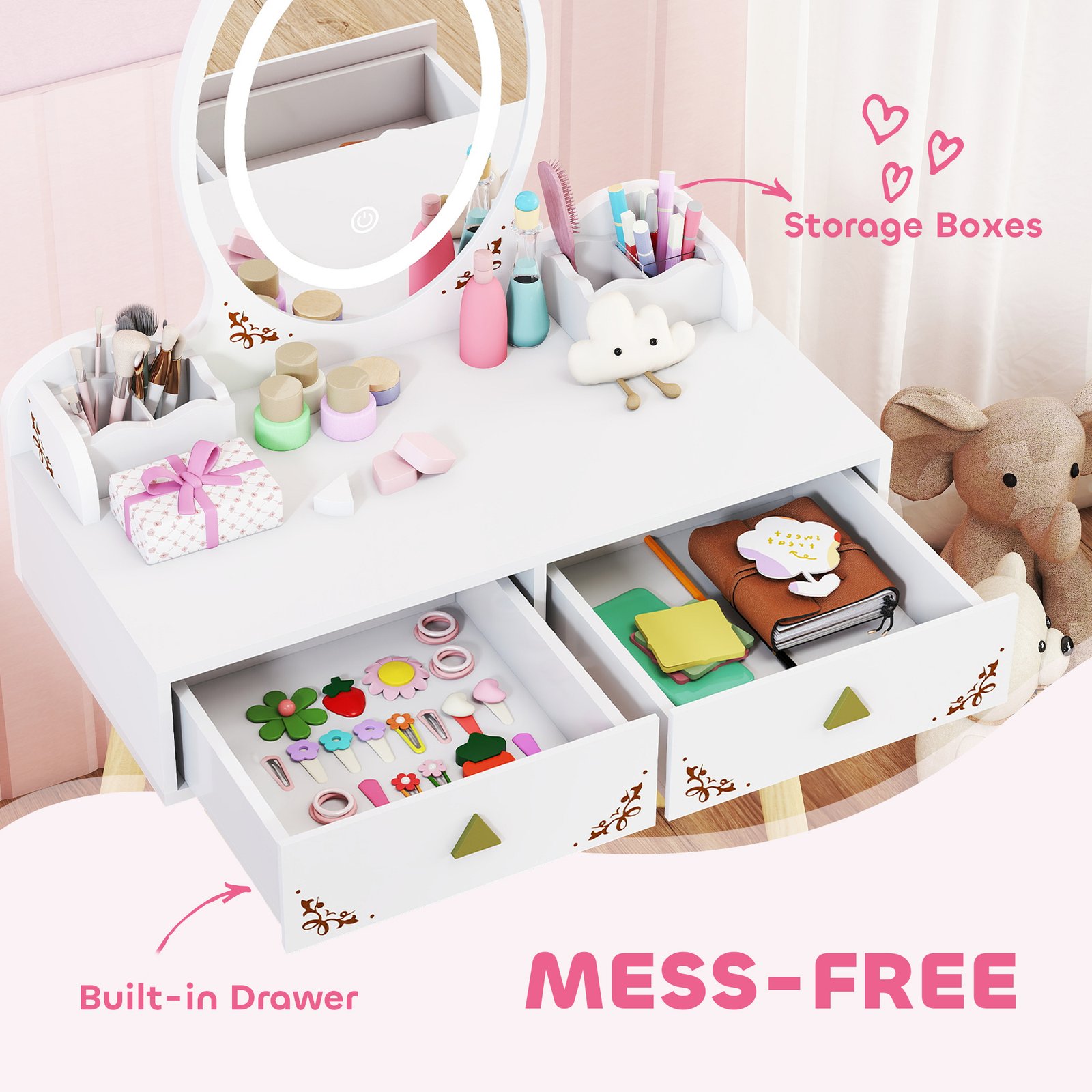 AIYAPLAY Kids Vanity Table and Chair Set with 3-Colour LED Lights Mirror, Drawer, Storage Boxes, for 3+ Years, White - Image 6