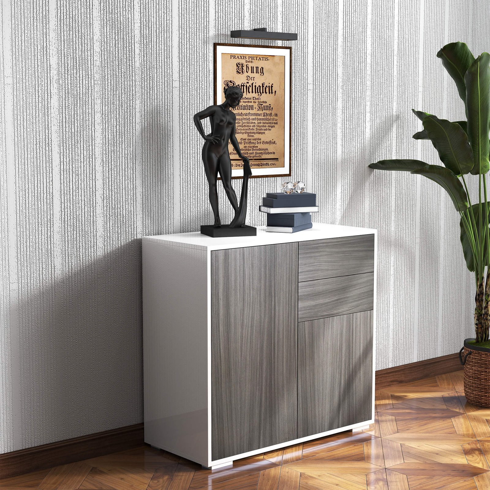 HOMCOM High Gloss Frame Sideboard, Side Cabinet, Push-Open Design with 2 Drawer for Living Room, Bedroom, Grey - Image 2