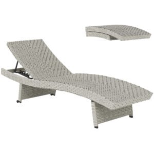 Outsunny Outdoor PE Rattan Sun Lounger, Folding Wicker Garden Lounger Recliner with 4-Level Adjustable Backrest, Rolling Sunbed Lounge Chair with Wheels, Non-Slip Legs for Balcony, Beach, Grey