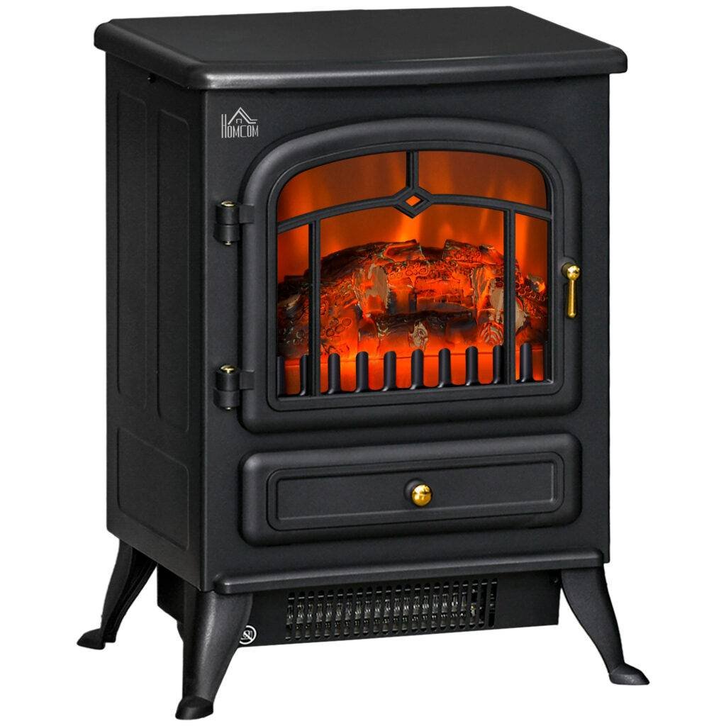 HOMCOM Freestanding Electric Fireplace Indoor Heater Glass View Log Wood Burning Effect Flame Portable Fireplace Stove 1000/2000W Black