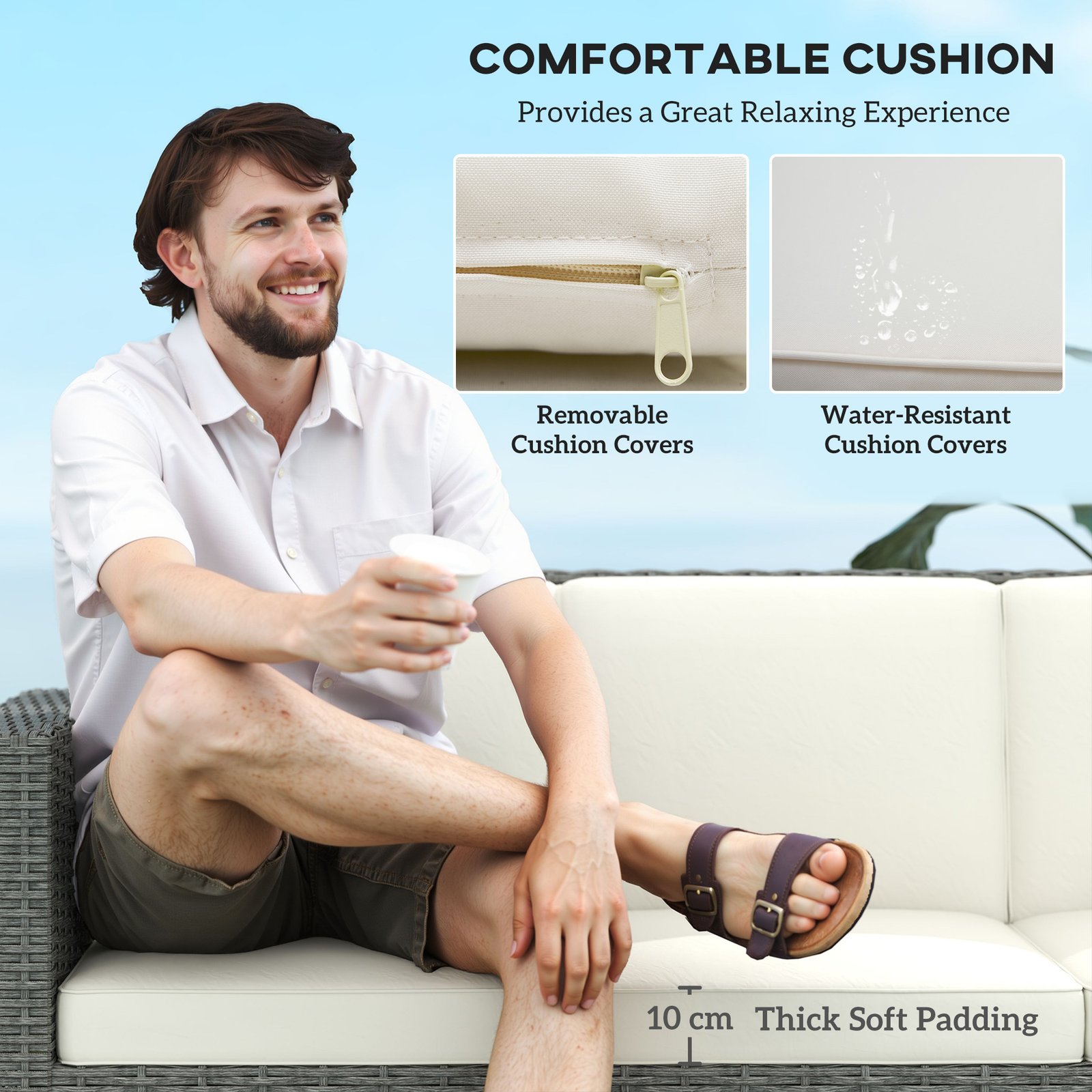 Outsunny 3 Seater Rattan Sofa All-Weather Wicker Weave Metal Frame Chair with Fire Resistant Cushio-Cream - Image 5