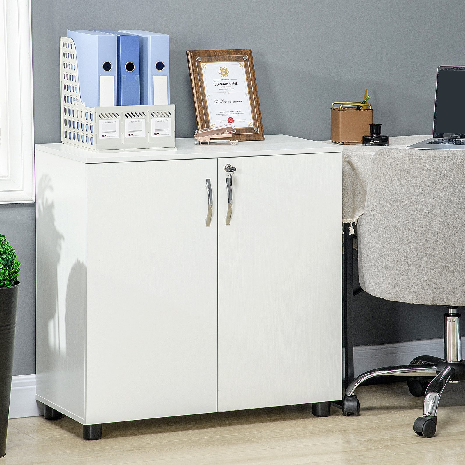 Vinsetto Two-Tier Locking Office Storage Cabinet - White - Image 2