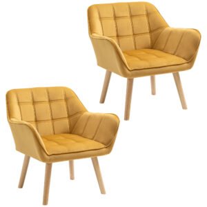 HOMCOM Accent Chair, Velvet Upholstered Vanity Tub Chair with Flared Armrests, Slanted Back, Solid Wood Legs, Comfy Padding Armchair, Home Bedroom Furniture Seating, Set of 2, Yellow