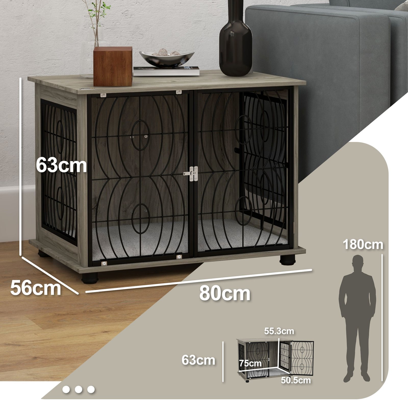 PawHut Indoor Dog Crate Furniture End Table w/ Plush Washable Cushion, Lockable Door, for Medium Dogs - Image 3