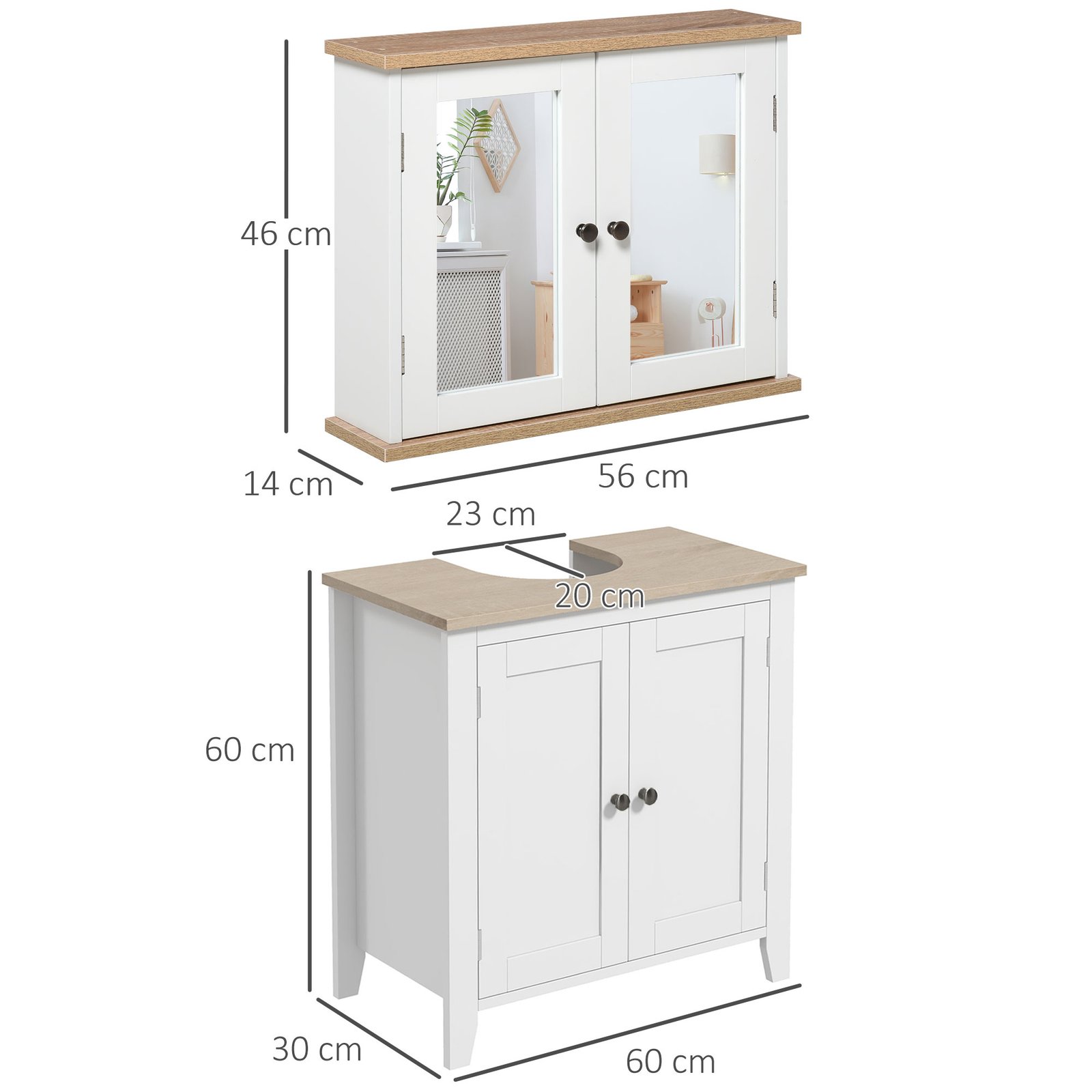 kleankin Bathroom Furniture Set, Mirror Cabinet Wall Mounted with Adjustable Shelf, Bathroom Sink Cabinet with Storage, White and Wood Grain - Image 3