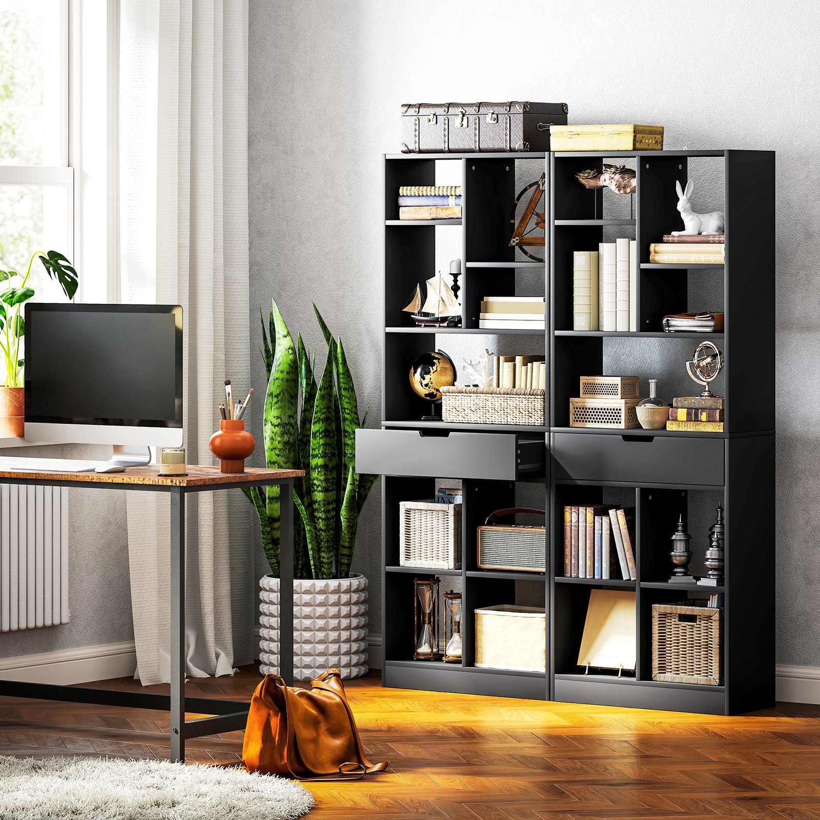 HOMCOM Tall Bookshelf with Drawer, Freestanding Bookcase for Bedroom, Living Room, Home Office, Black - Image 6