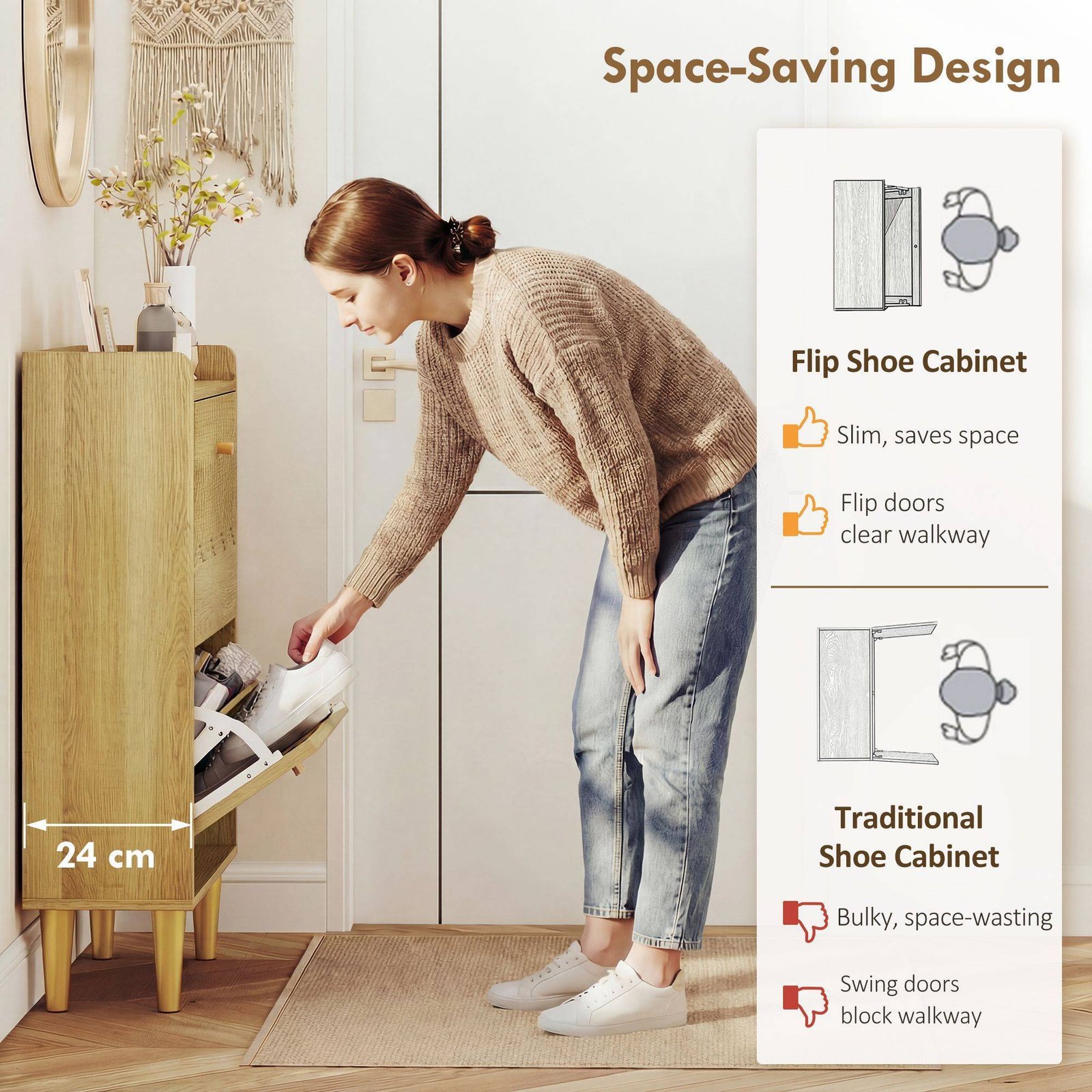 HOMCOM Narrow Shoe Cabinet, Modern Shoe Storage Cabinet with 2 Flip Drawers, Oak - Image 4