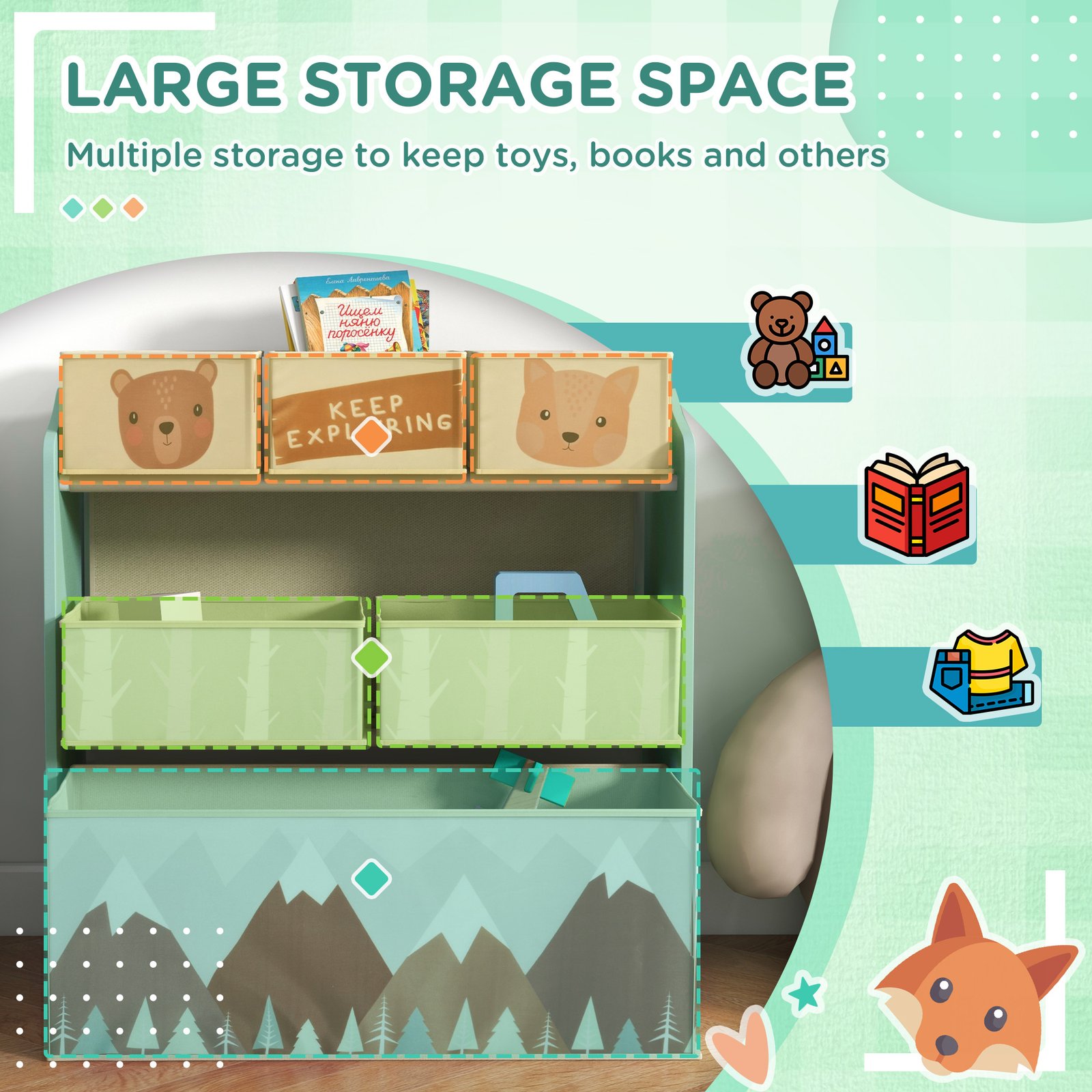 ZONEKIZ Kids Storage Unit, Toy Storage Organiser, with Six Fabric Bins, for Bedrooms, Playrooms, Nurseries - Green - Image 4