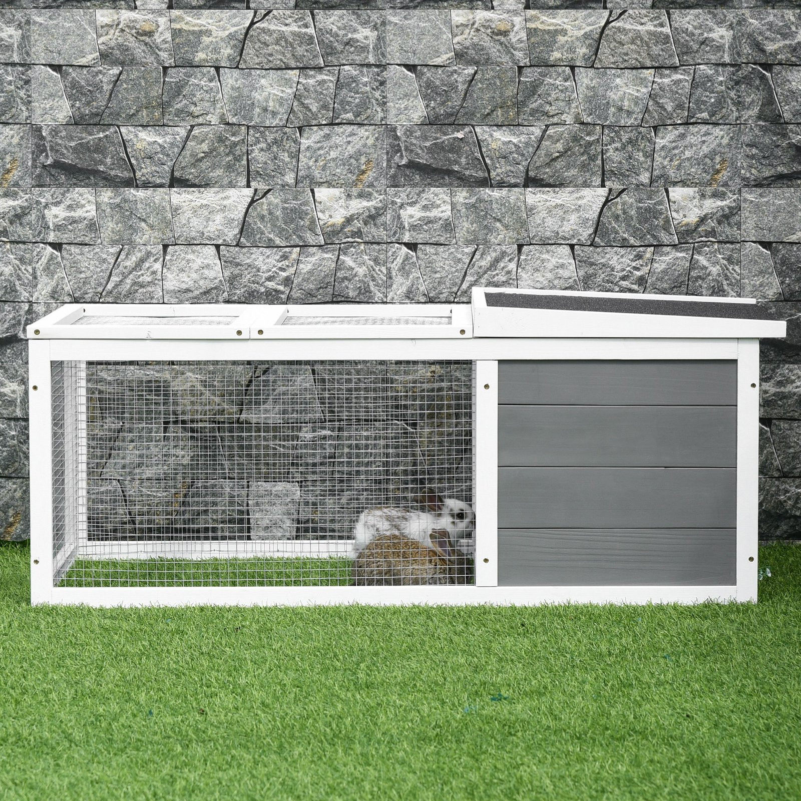 PawHut Rabbit Hutch Guinea Pig Hutch Wooden Small Animal Cage Rabbit Run Duck House with Openable Roof for Indoor Outdoor 115 x 66 x 47.5 cm - Image 9