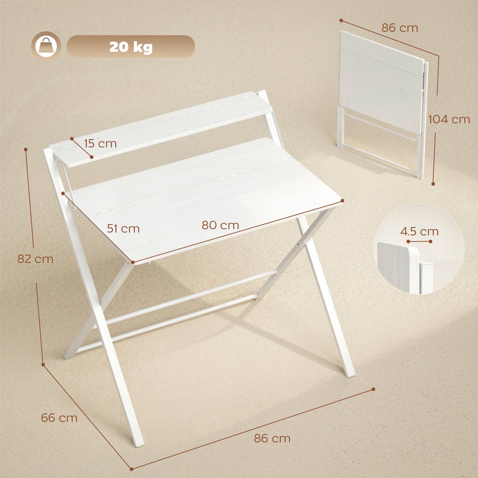 HOMCOM Compact Folding Desk for Small Spaces with Storage Shelf for Home Office, White - Image 3