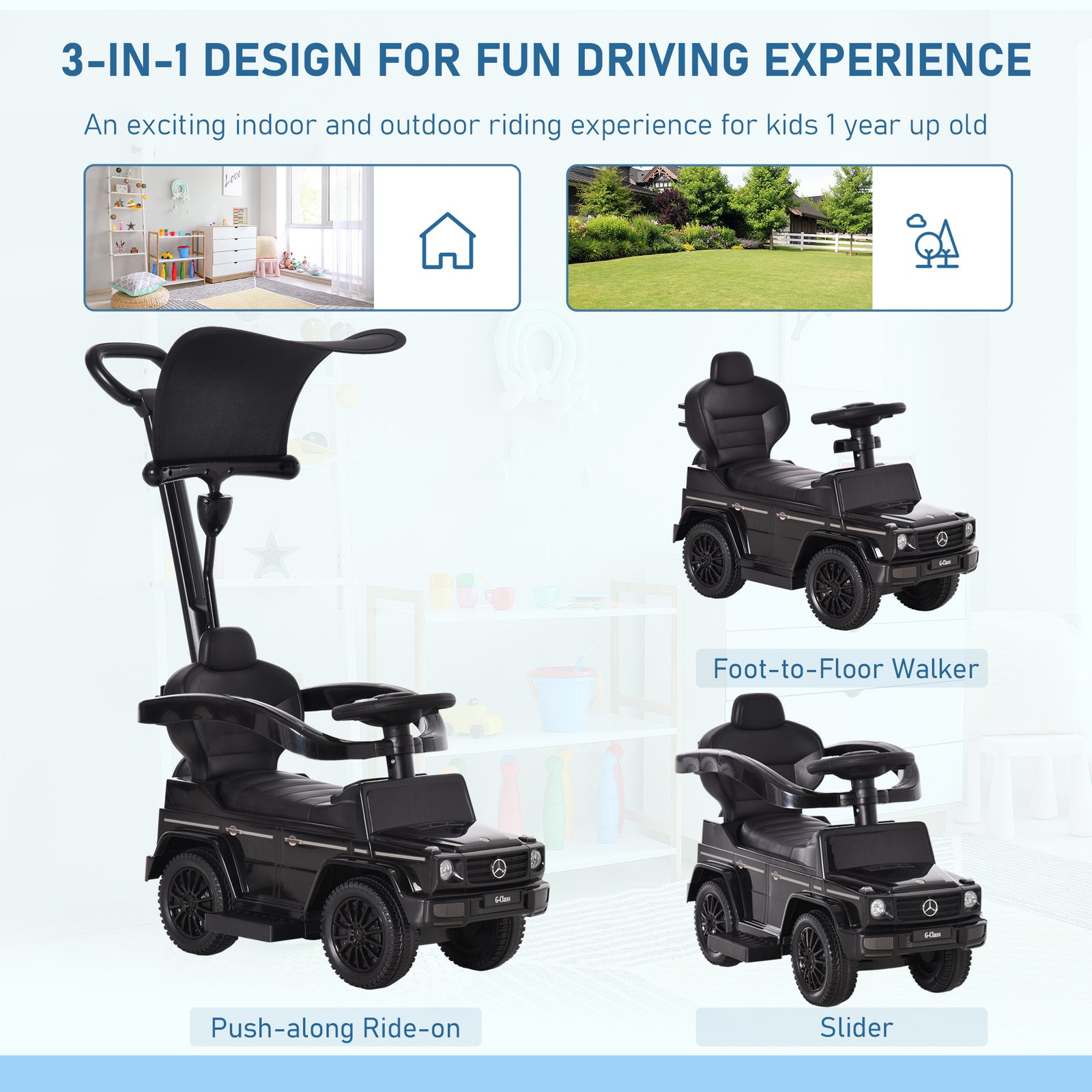 HOMCOM 3 in 1 Kids Children Ride on Push Car Toddler Sliding Car G350 Licensed Walker Foot to Floor Slider Push-Along with Horn Steering Wheel NO POWER Manual, Black - Image 4