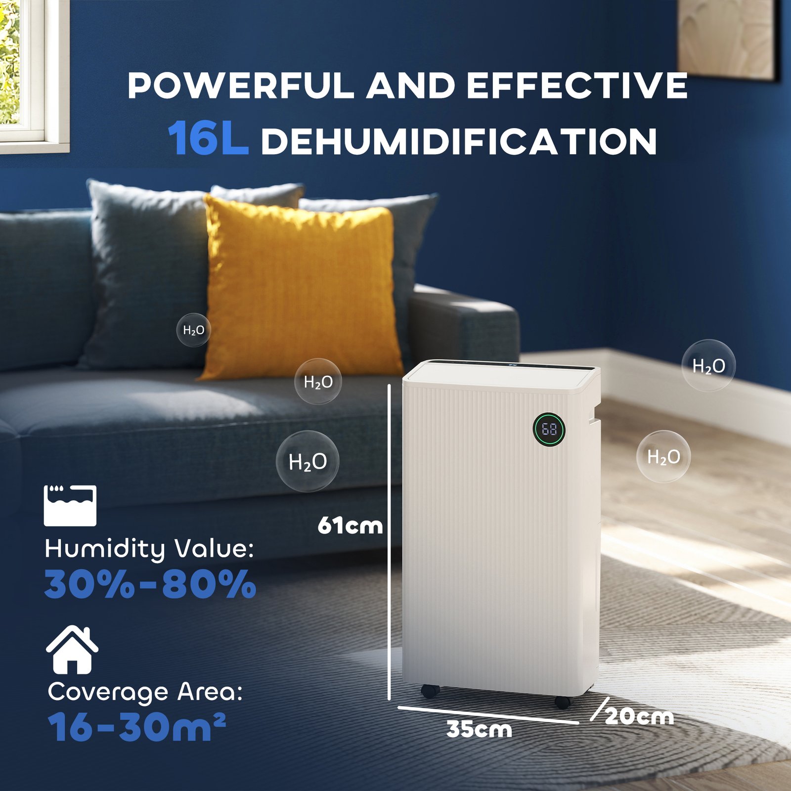 HOMCOM 5500mL Portable Dehumidifier with Air Purifier, UVC, Ioniser, 24H Timer, 5 Modes, 16L/Day, for Home Laundry, White - Image 3