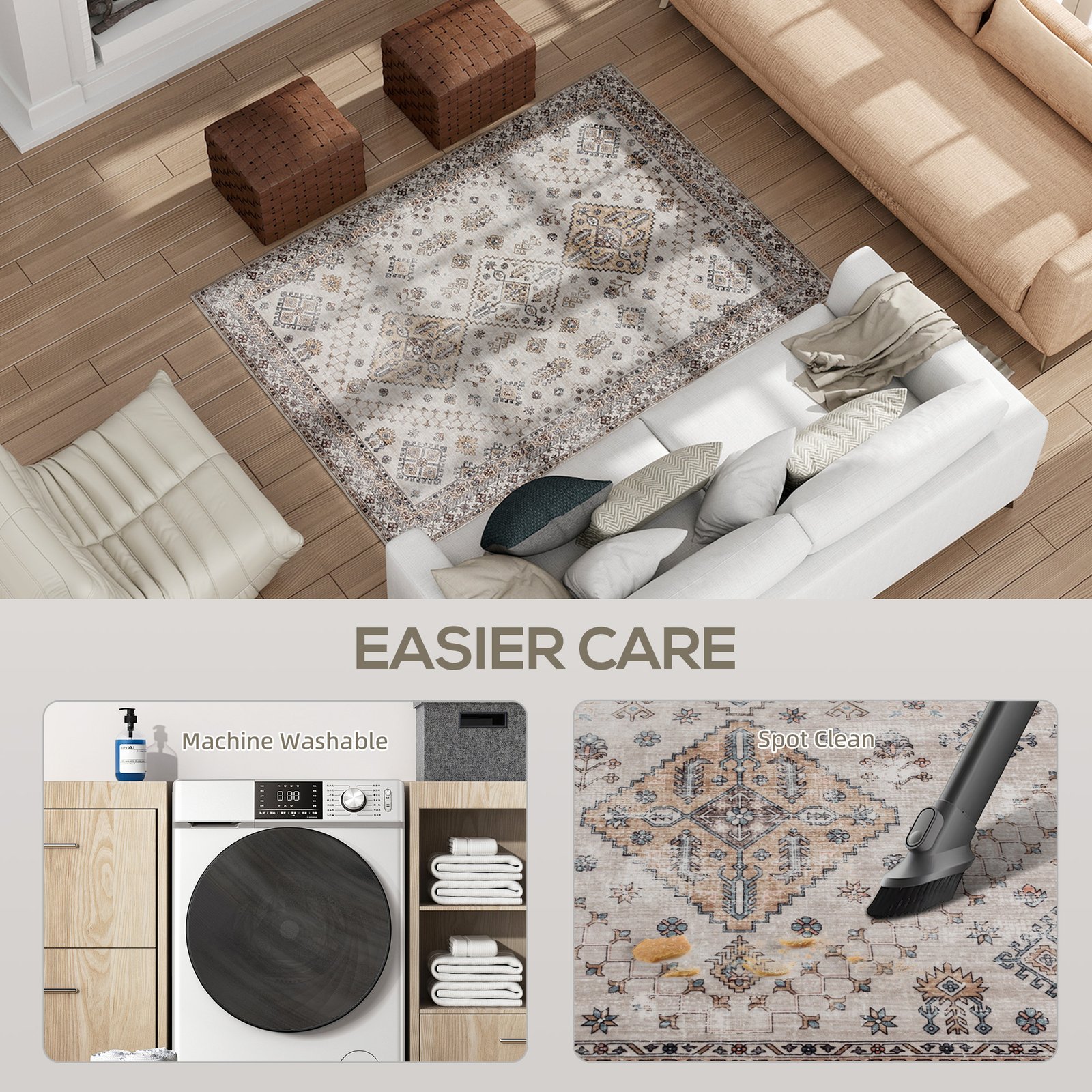 HOMCOM Vintage Area Rug, Non-Slip Washable Rug, Flannel Floor Carpet for Living Room, Bedroom, Dining Room, Home Office, 170 x 120 cm, Beige - Image 5
